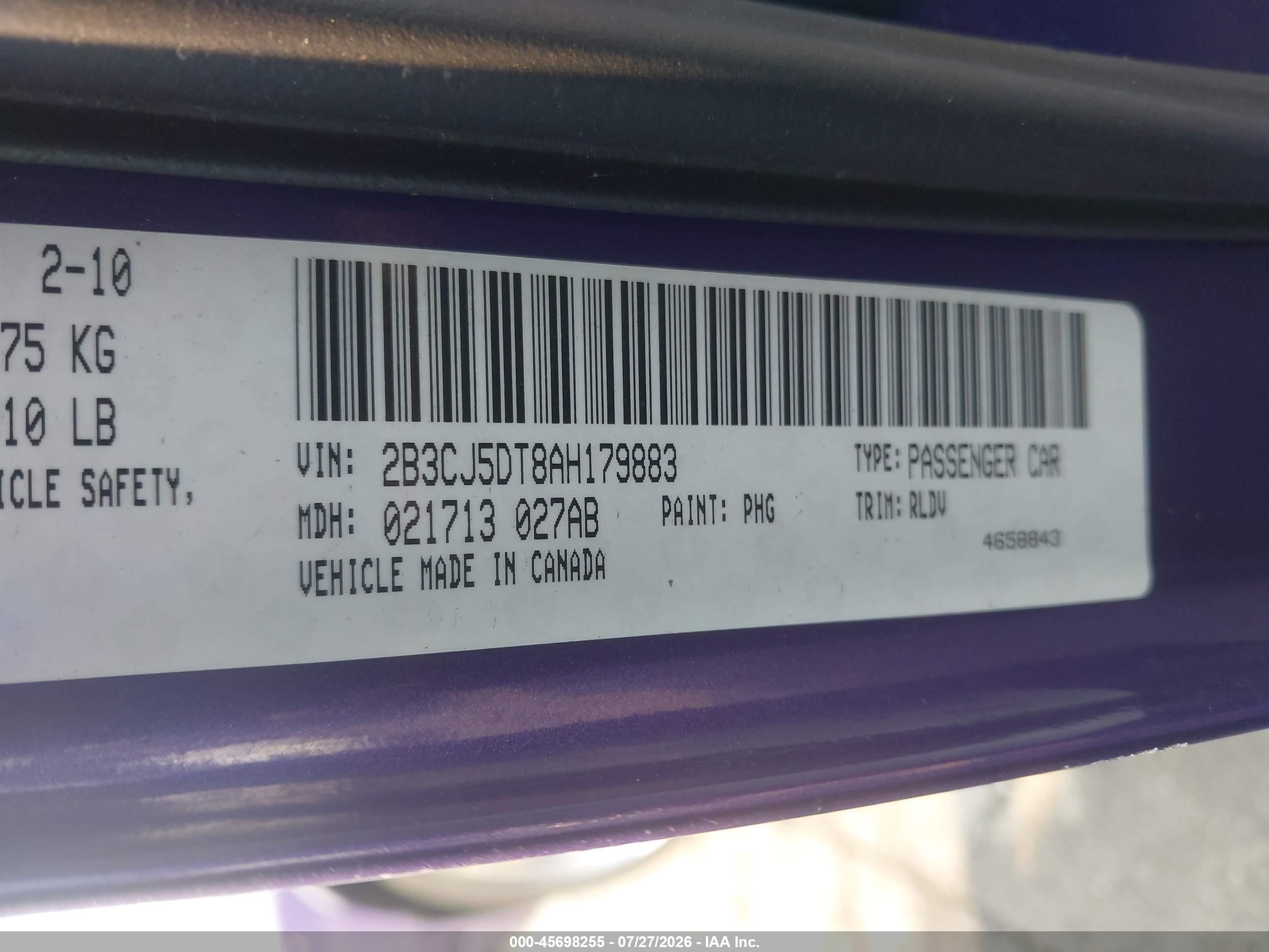 2010 Dodge Challenger R/t Purple vin: 2B3CJ5DT8AH179883