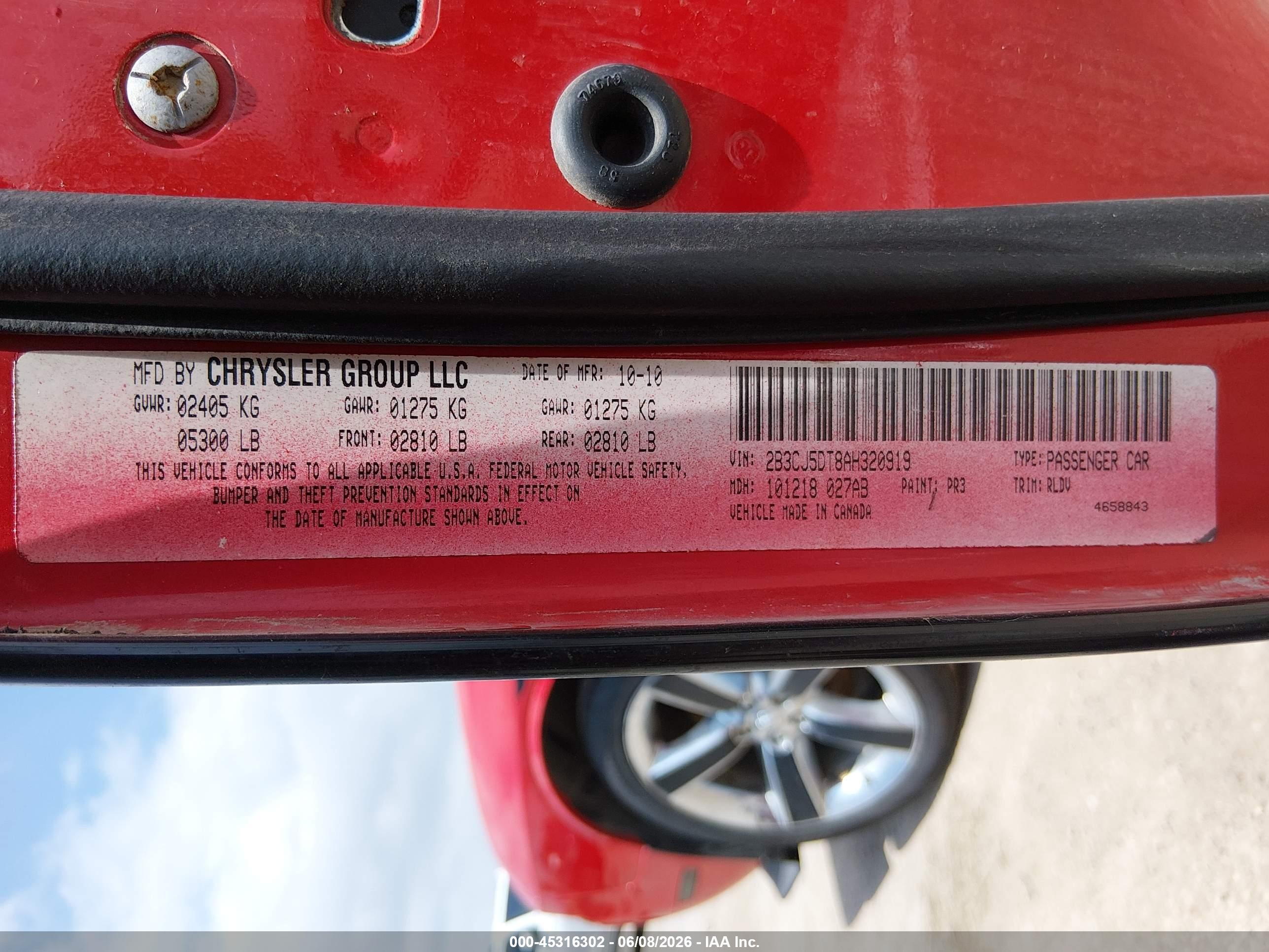 2010 Dodge Challenger R/t Red vin: 2B3CJ5DT8AH320919