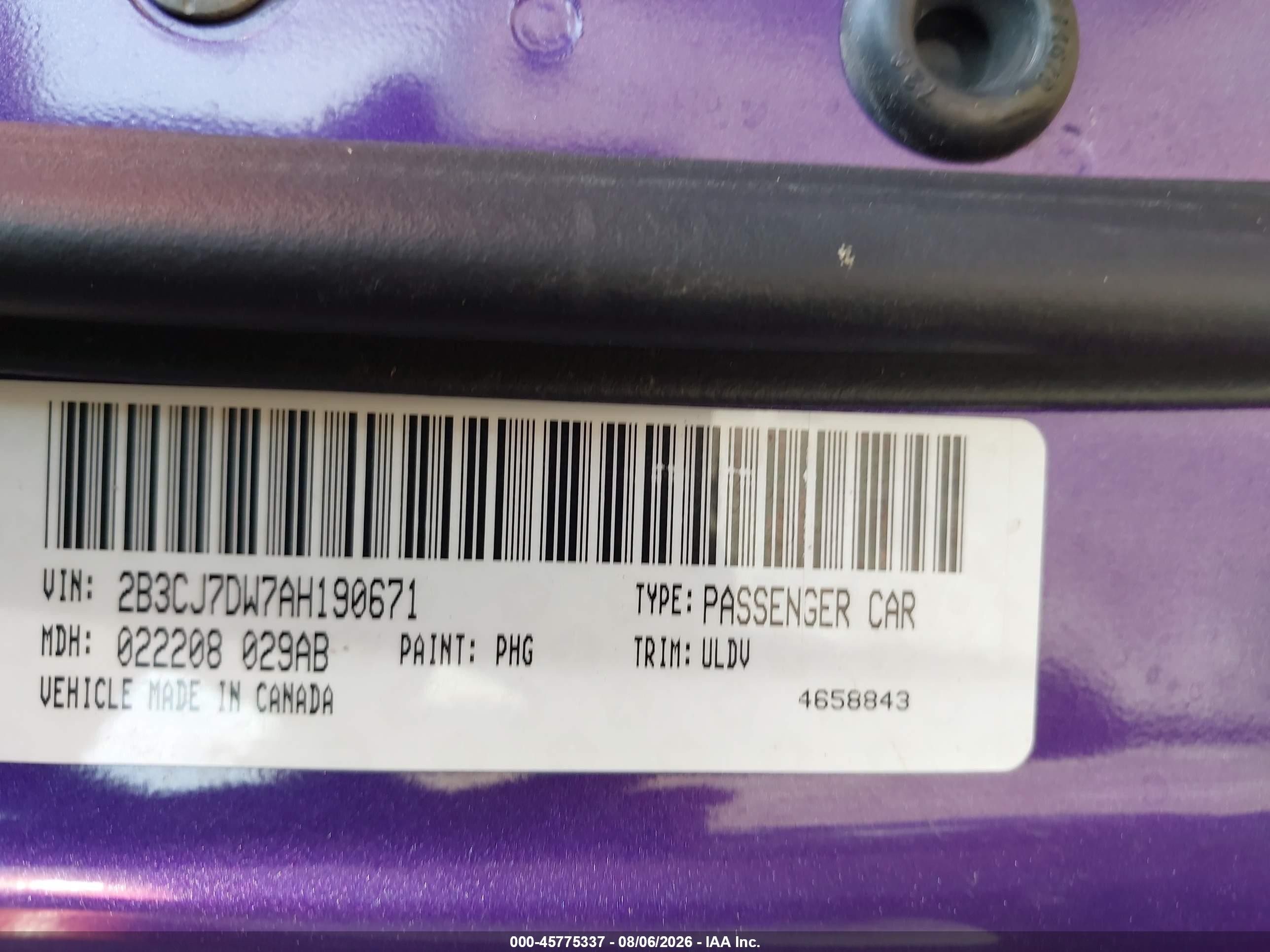 2010 Dodge Challenger Srt8 Purple vin: 2B3CJ7DW7AH190671