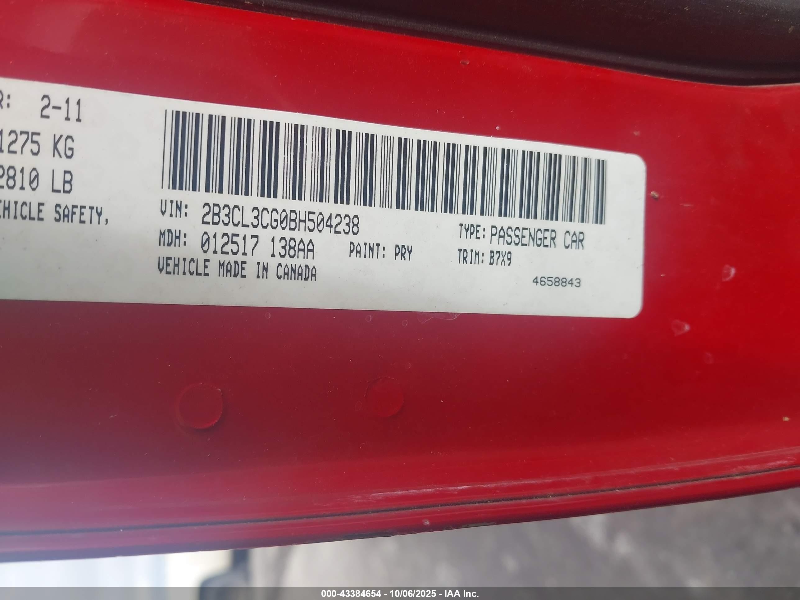 2011 Dodge Charger   Red vin: 2B3CL3CG0BH504238