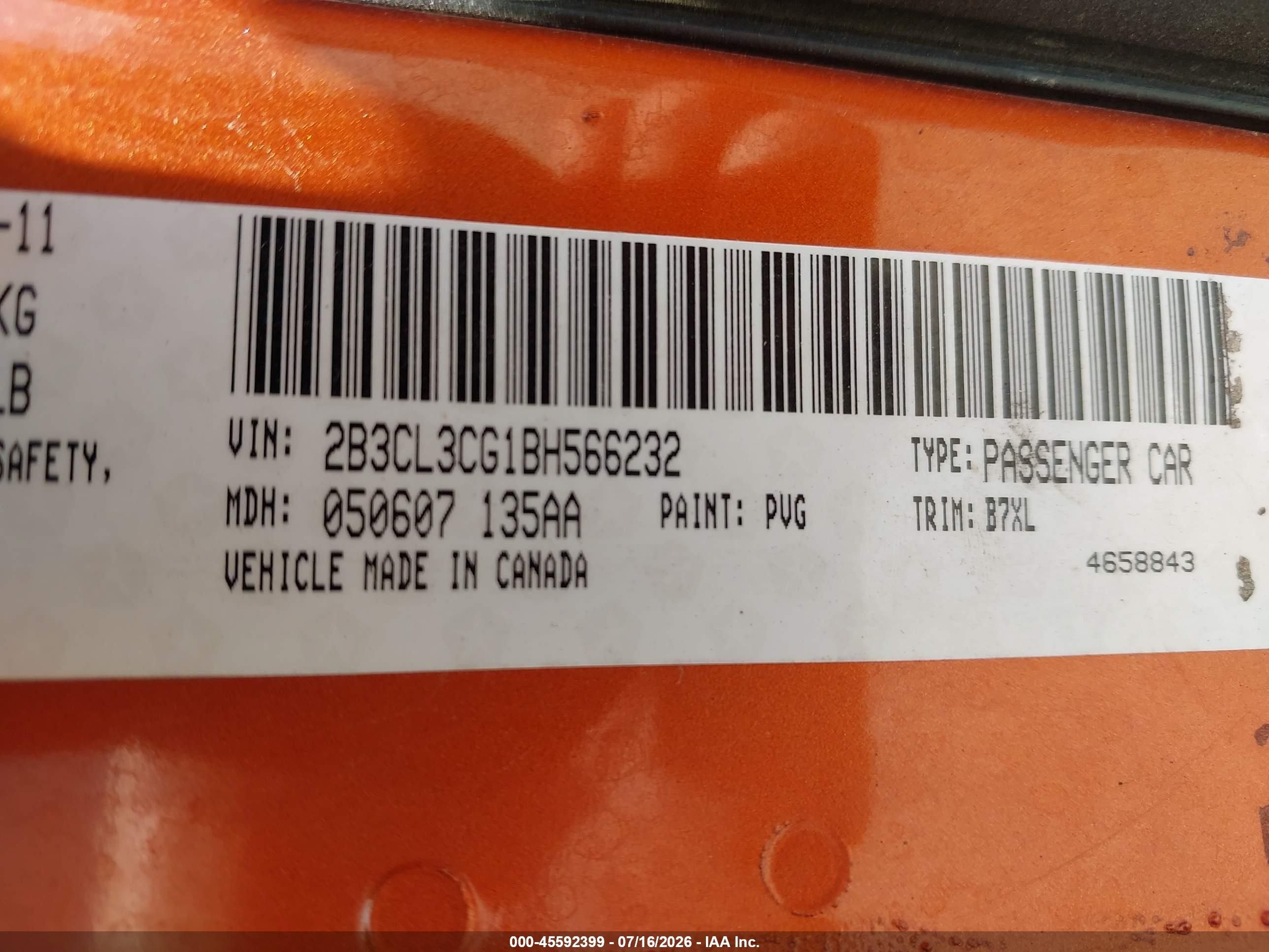 2011 Dodge Charger Orange vin: 2B3CL3CG1BH566232