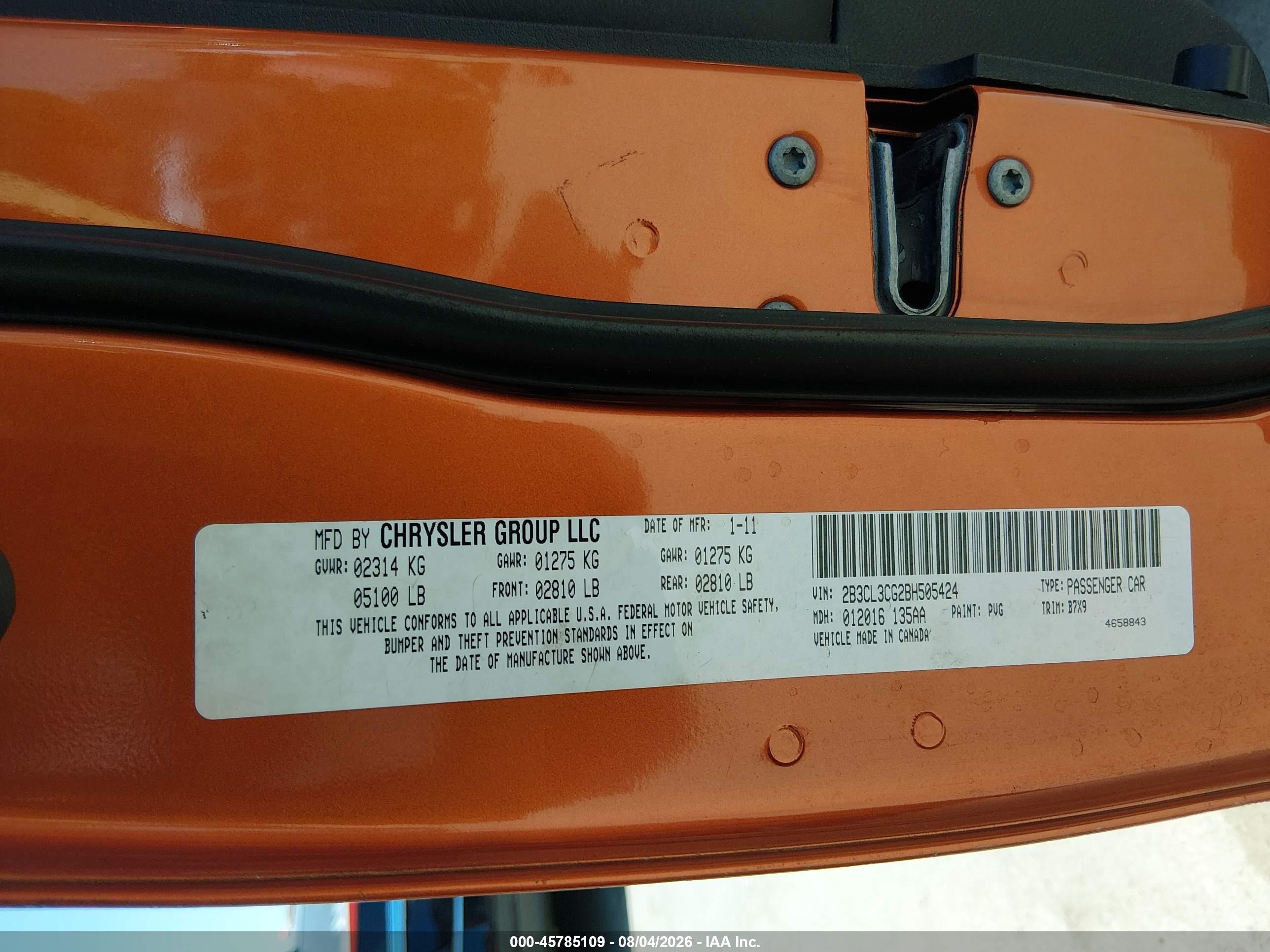 2011 Dodge Charger   Orange vin: 2B3CL3CG2BH505424