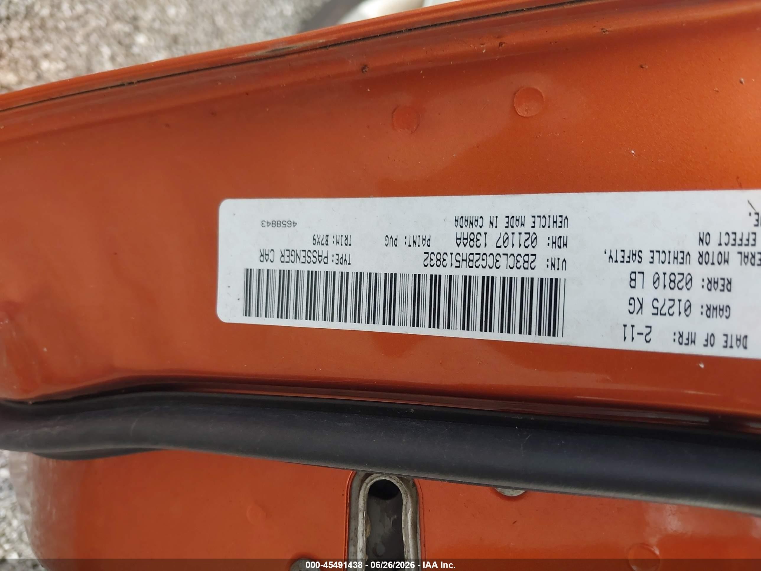 2011 Dodge Charger   Orange vin: 2B3CL3CG2BH513832