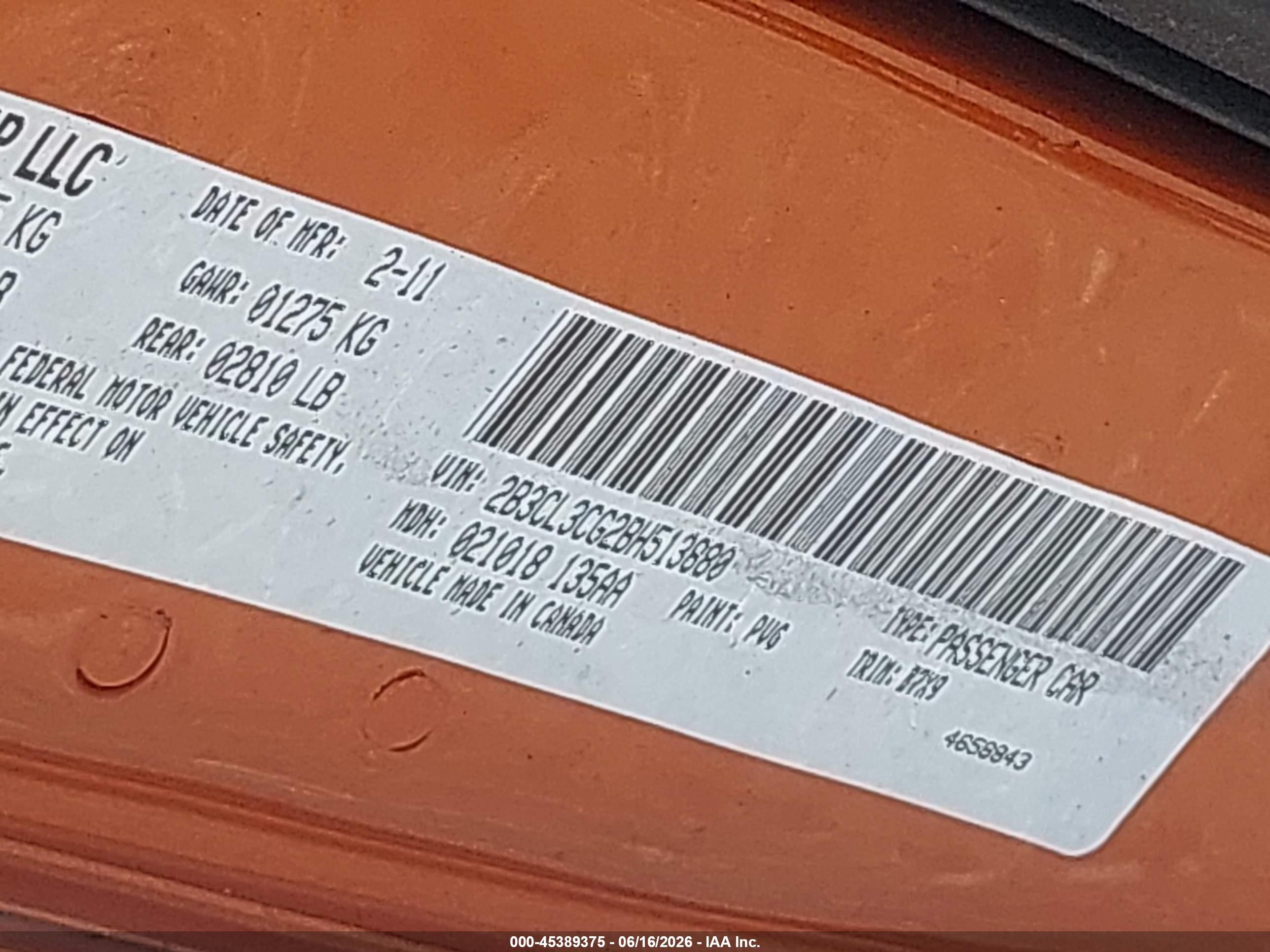 2011 Dodge Charger   Orange vin: 2B3CL3CG2BH513880