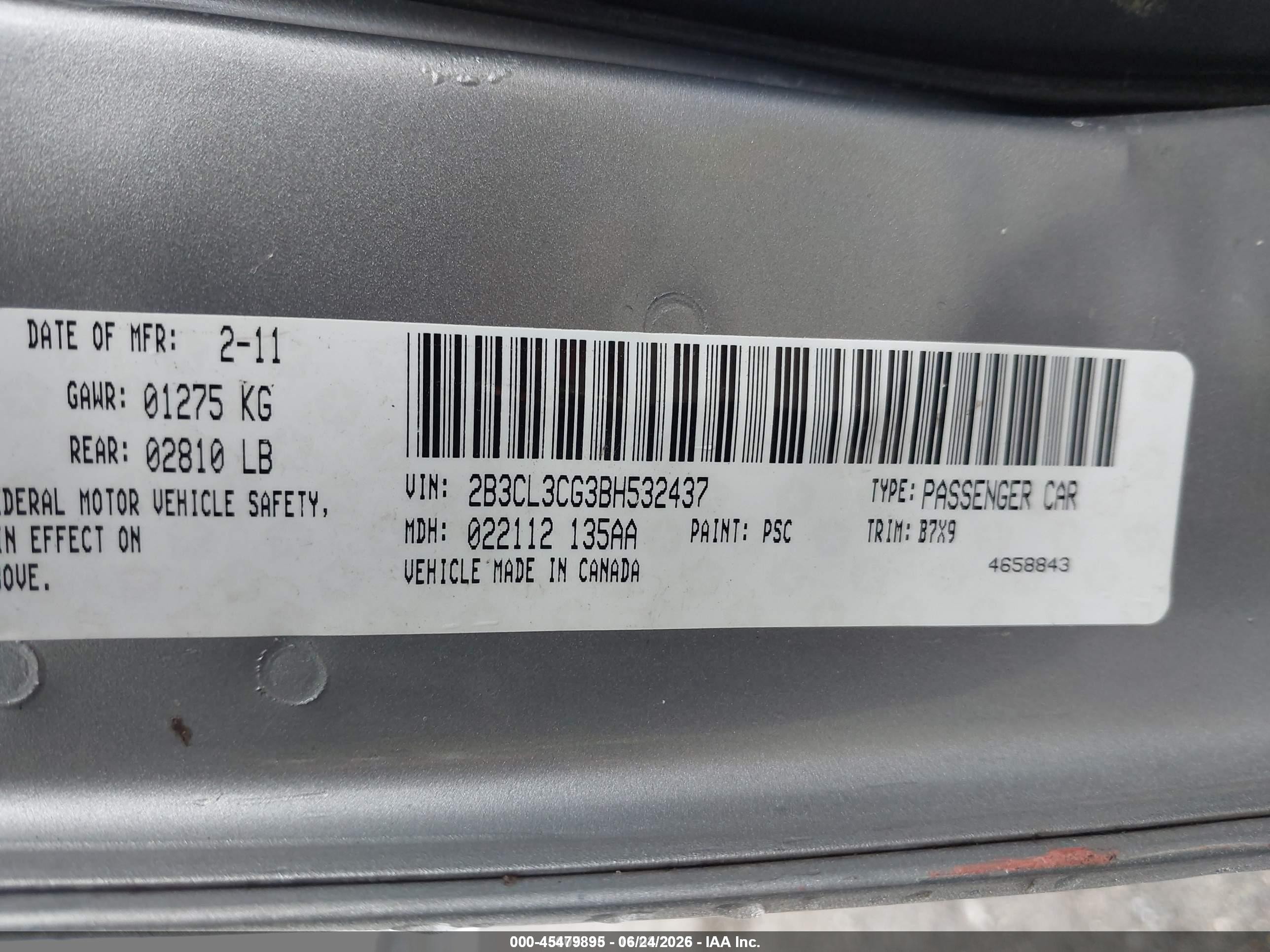 2011 Dodge Charger   Gray vin: 2B3CL3CG3BH532437