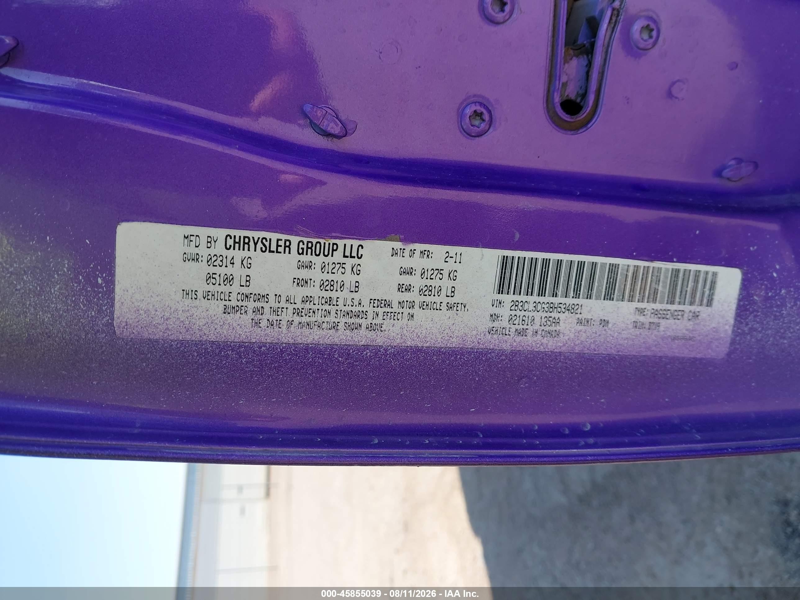 2011 Dodge Charger   Purple vin: 2B3CL3CG3BH534821