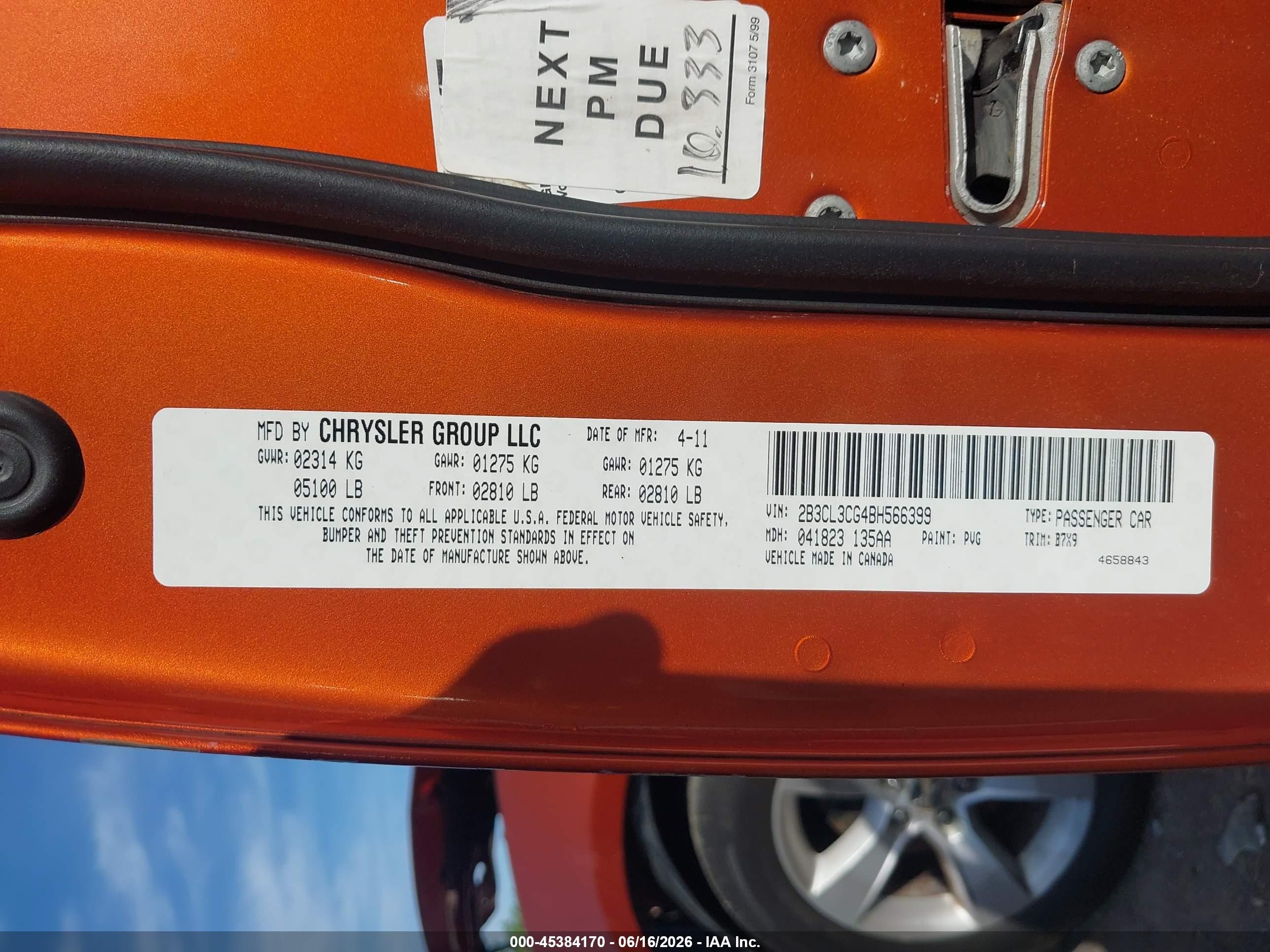 2011 Dodge Charger   Orange vin: 2B3CL3CG4BH566399