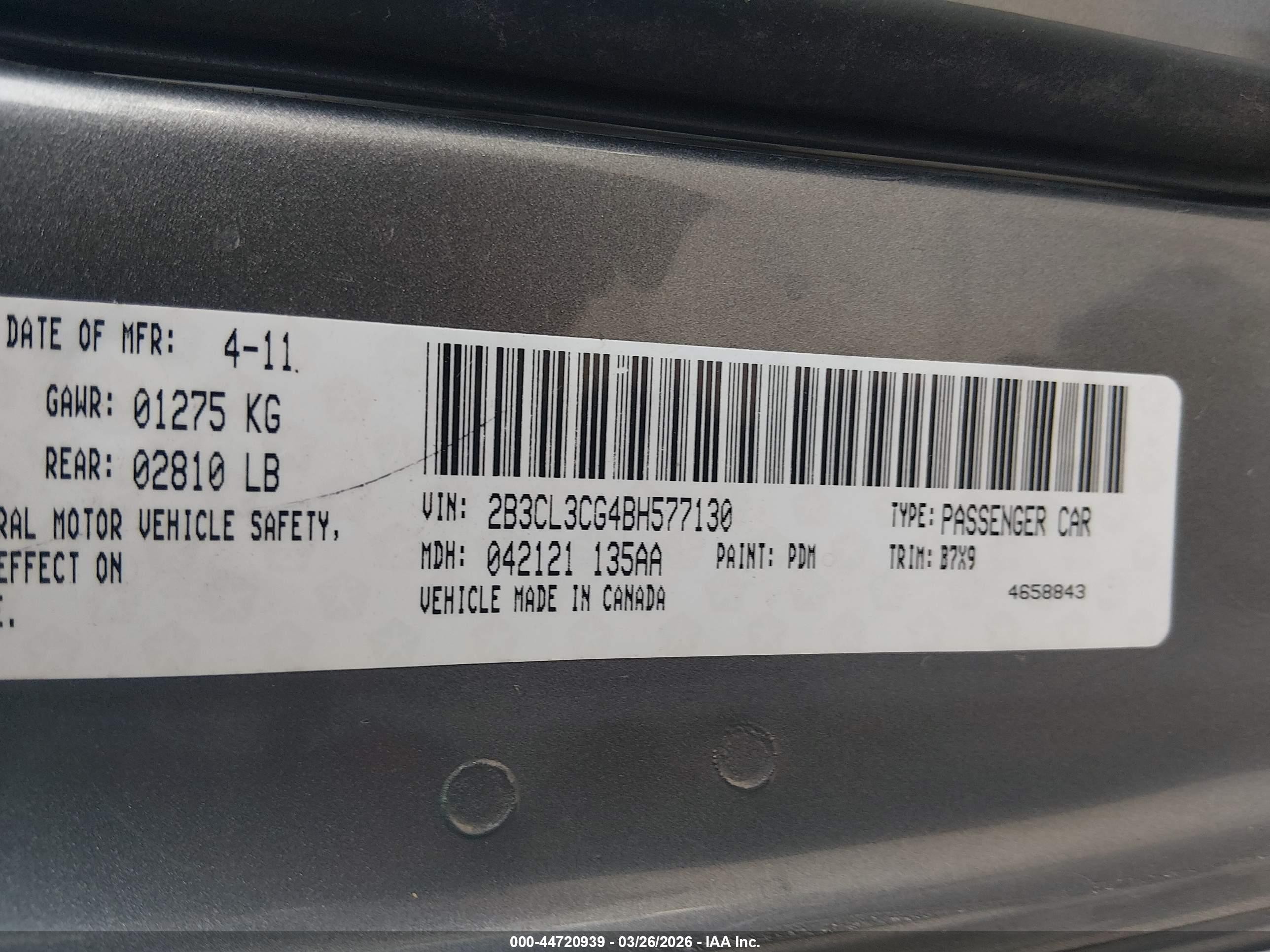 2011 Dodge Charger   Серый vin: 2B3CL3CG4BH577130