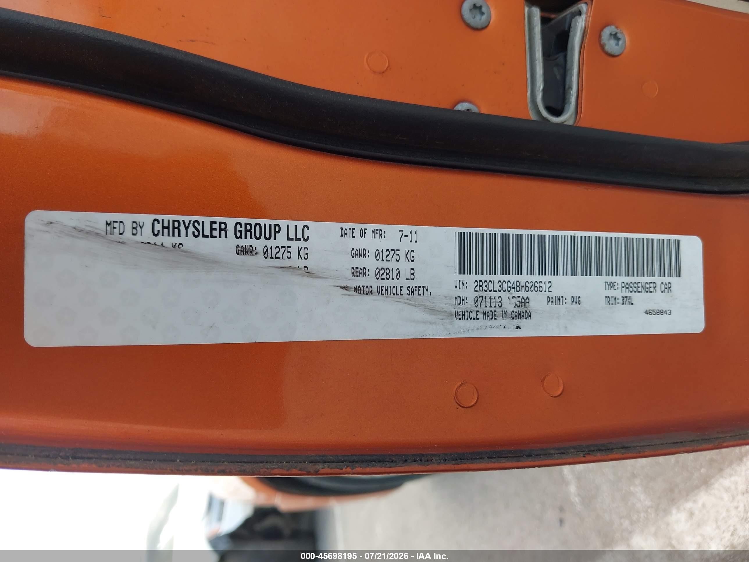 2011 Dodge Charger   Оранжевый vin: 2B3CL3CG4BH606612