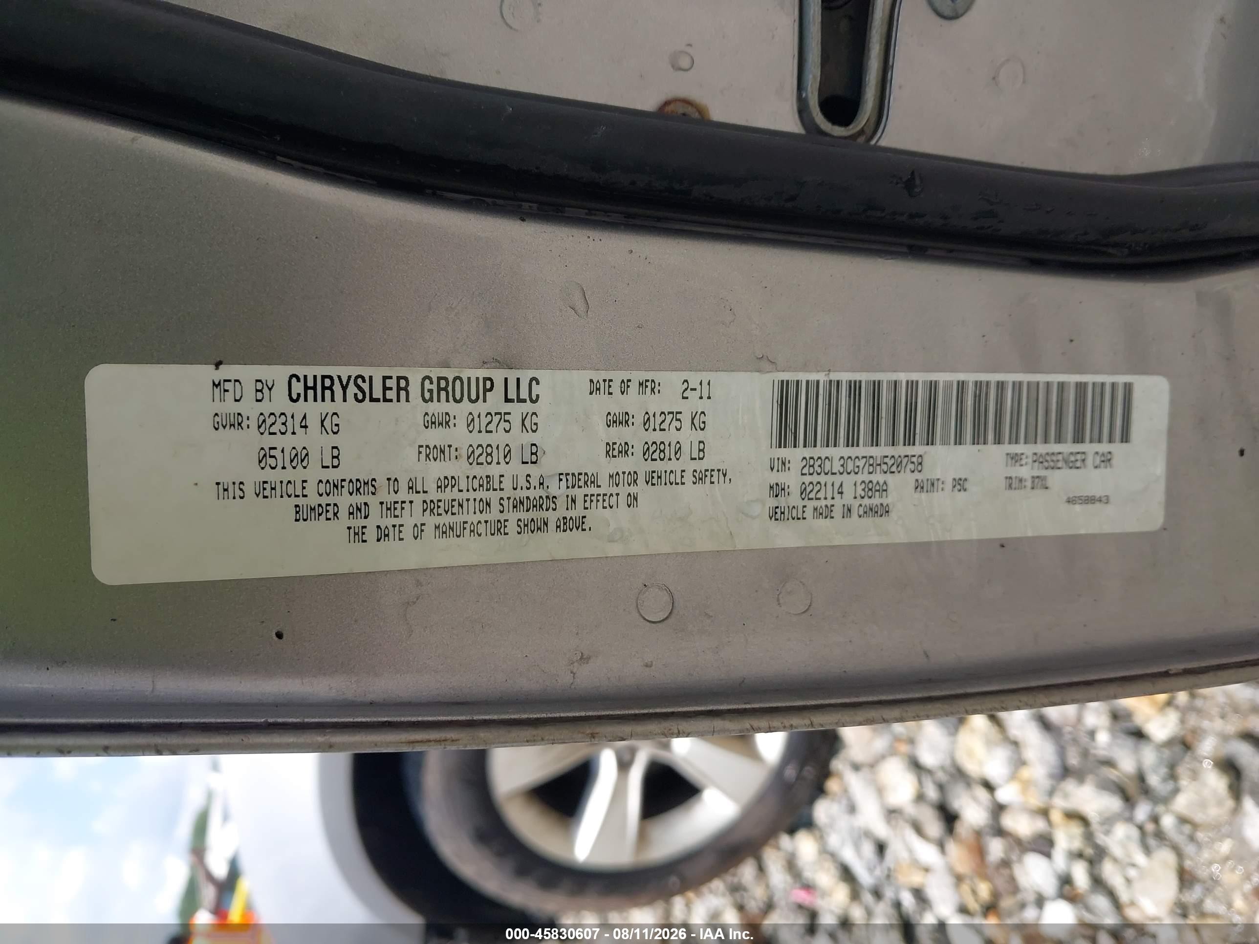 2011 Dodge Charger   Серебряный vin: 2B3CL3CG7BH520758