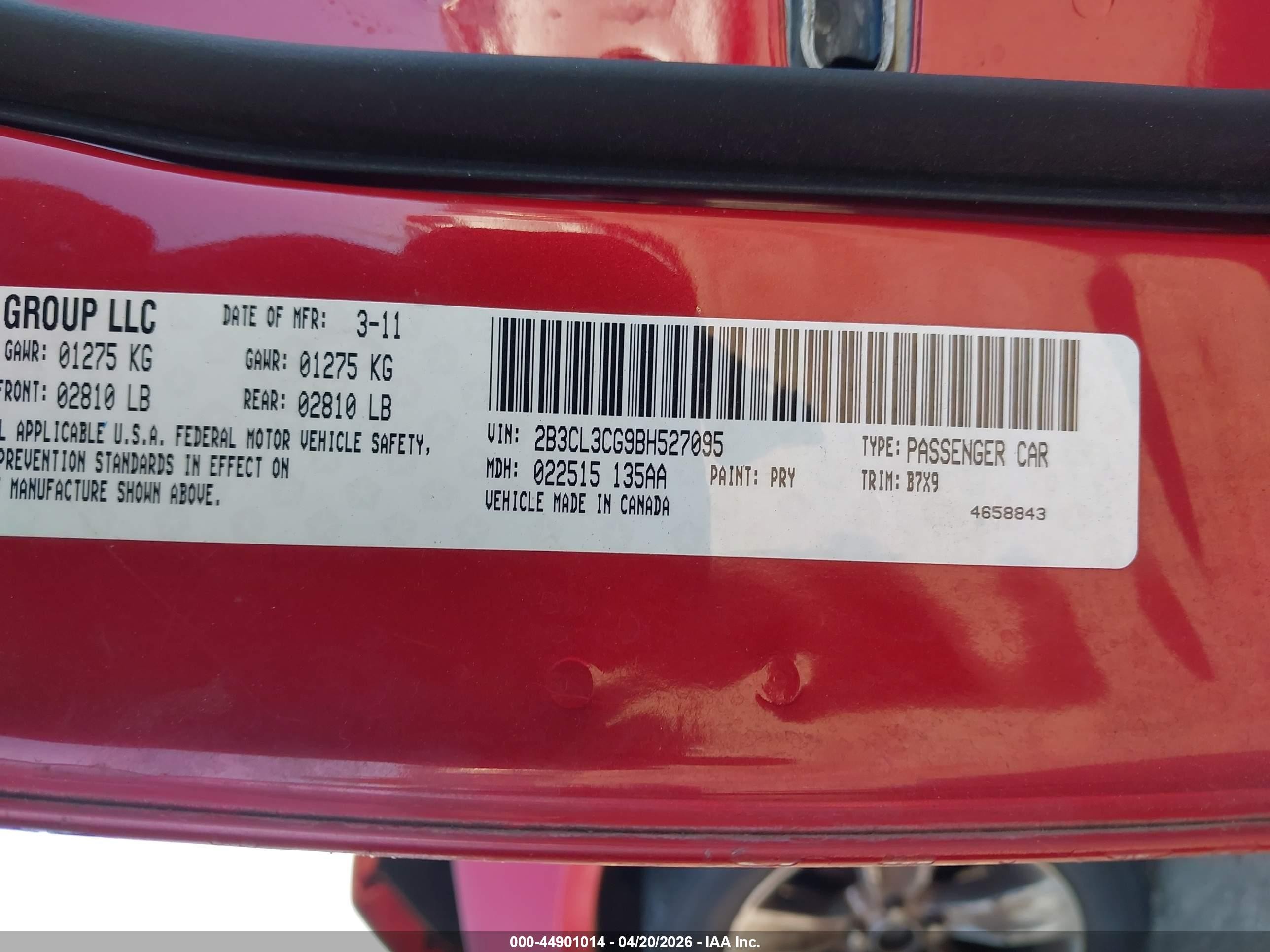 2011 Dodge Charger   Red vin: 2B3CL3CG9BH527095