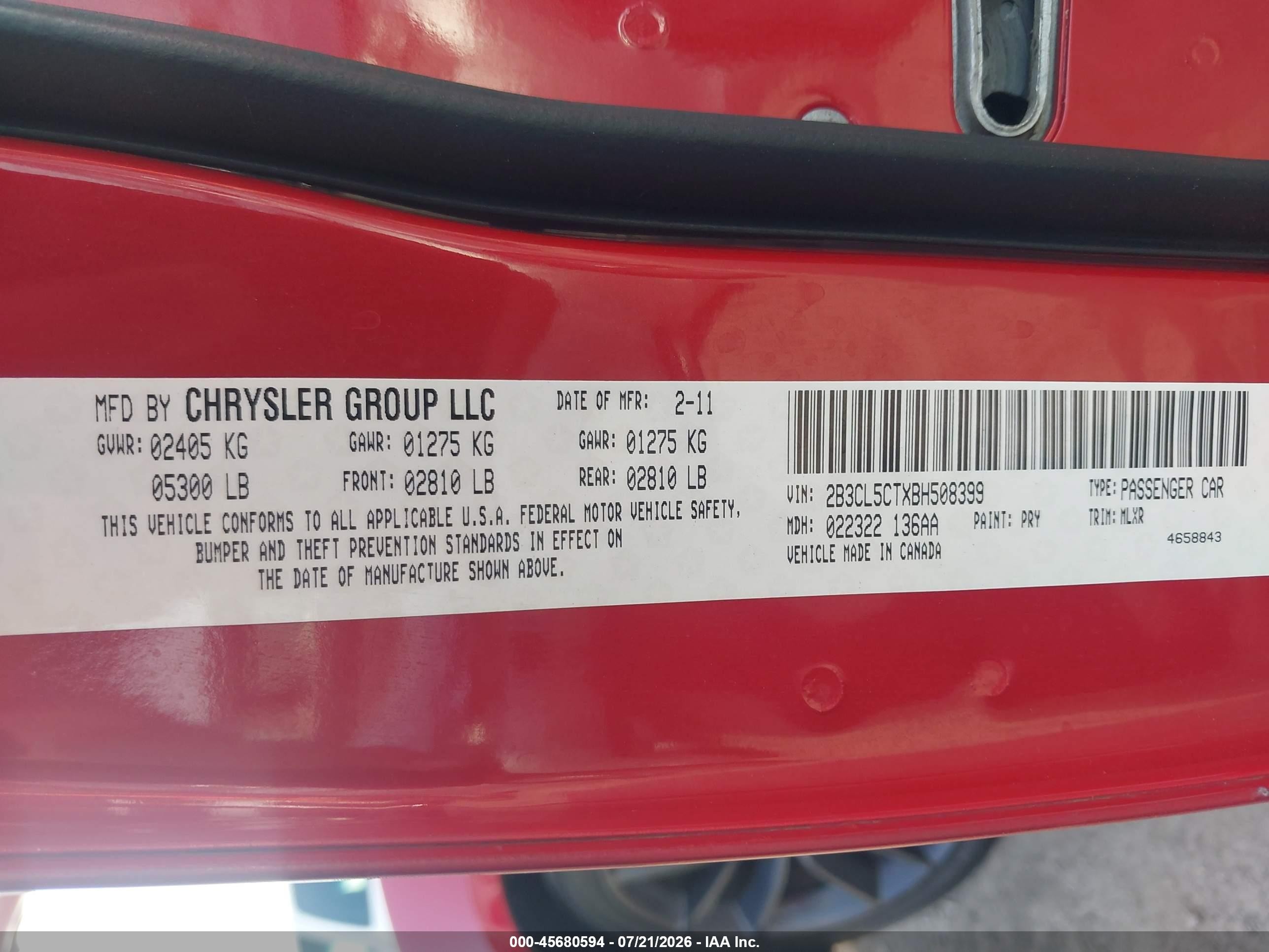 2011 Dodge Charger R/t Red vin: 2B3CL5CTXBH508399