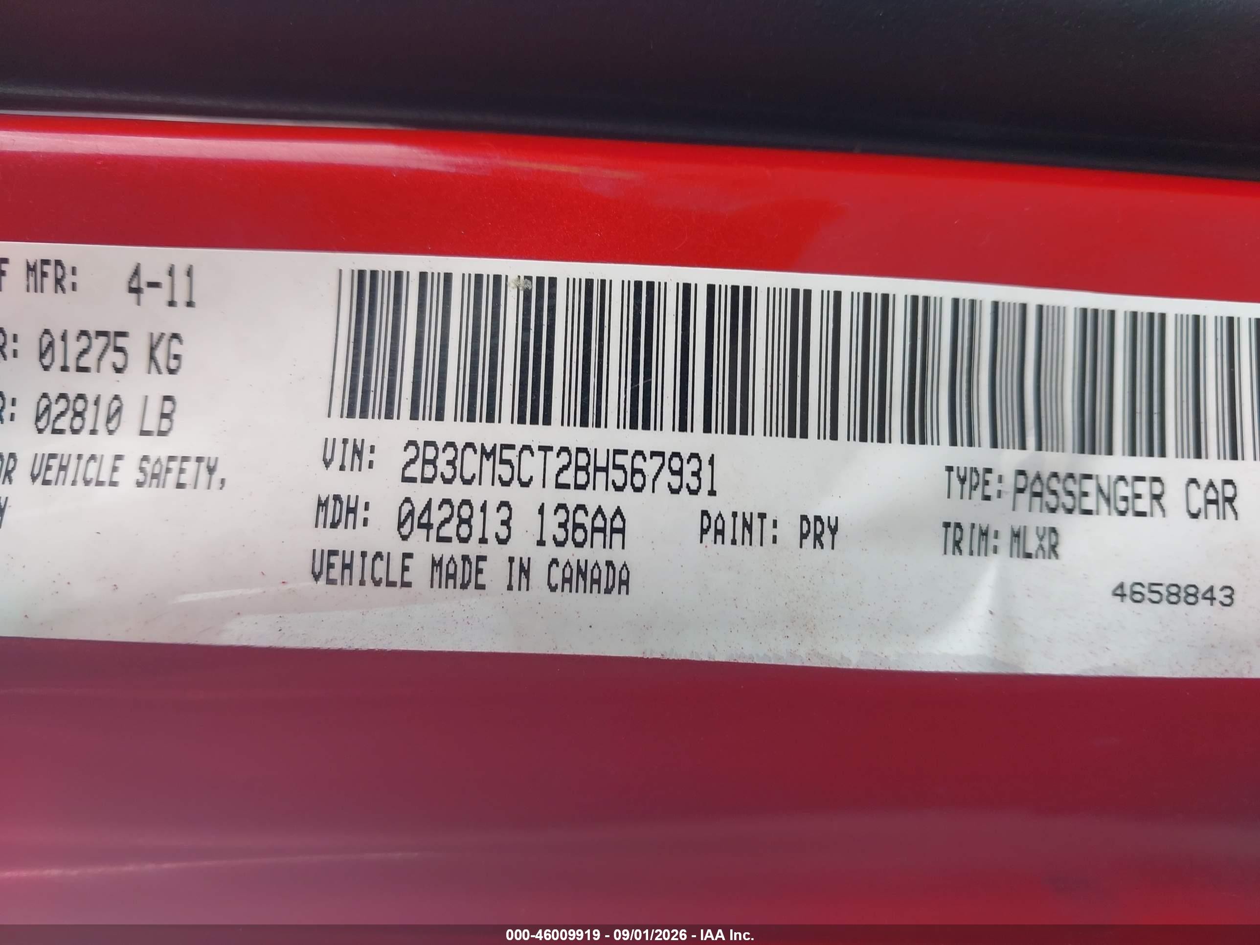 2011 Dodge Charger R/t Red vin: 2B3CM5CT2BH567931