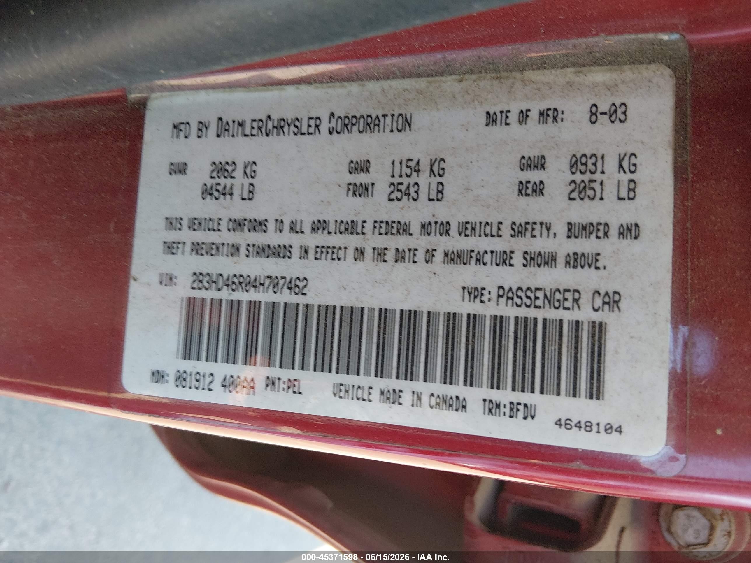 2004 Dodge Intrepid Se Красный vin: 2B3HD46R04H707462