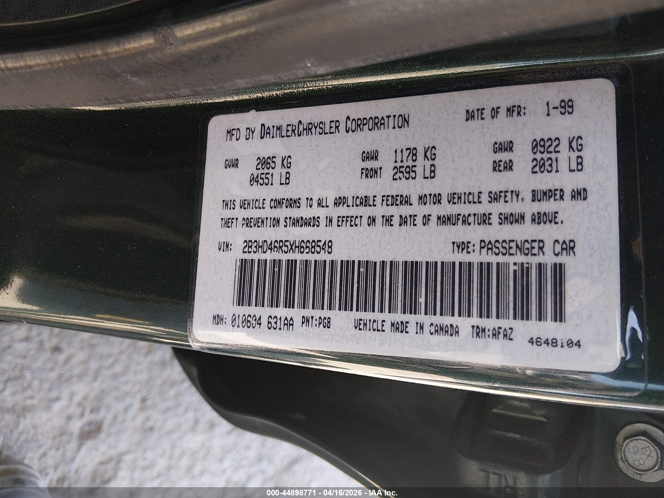 1999 Dodge Intrepid   Green vin: 2B3HD46R5XH668548