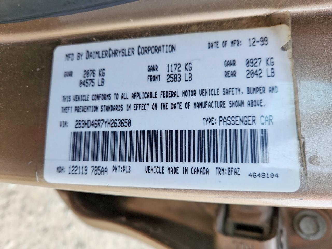 2000 Dodge Intrepid Gold vin: 2B3HD46R7YH263650