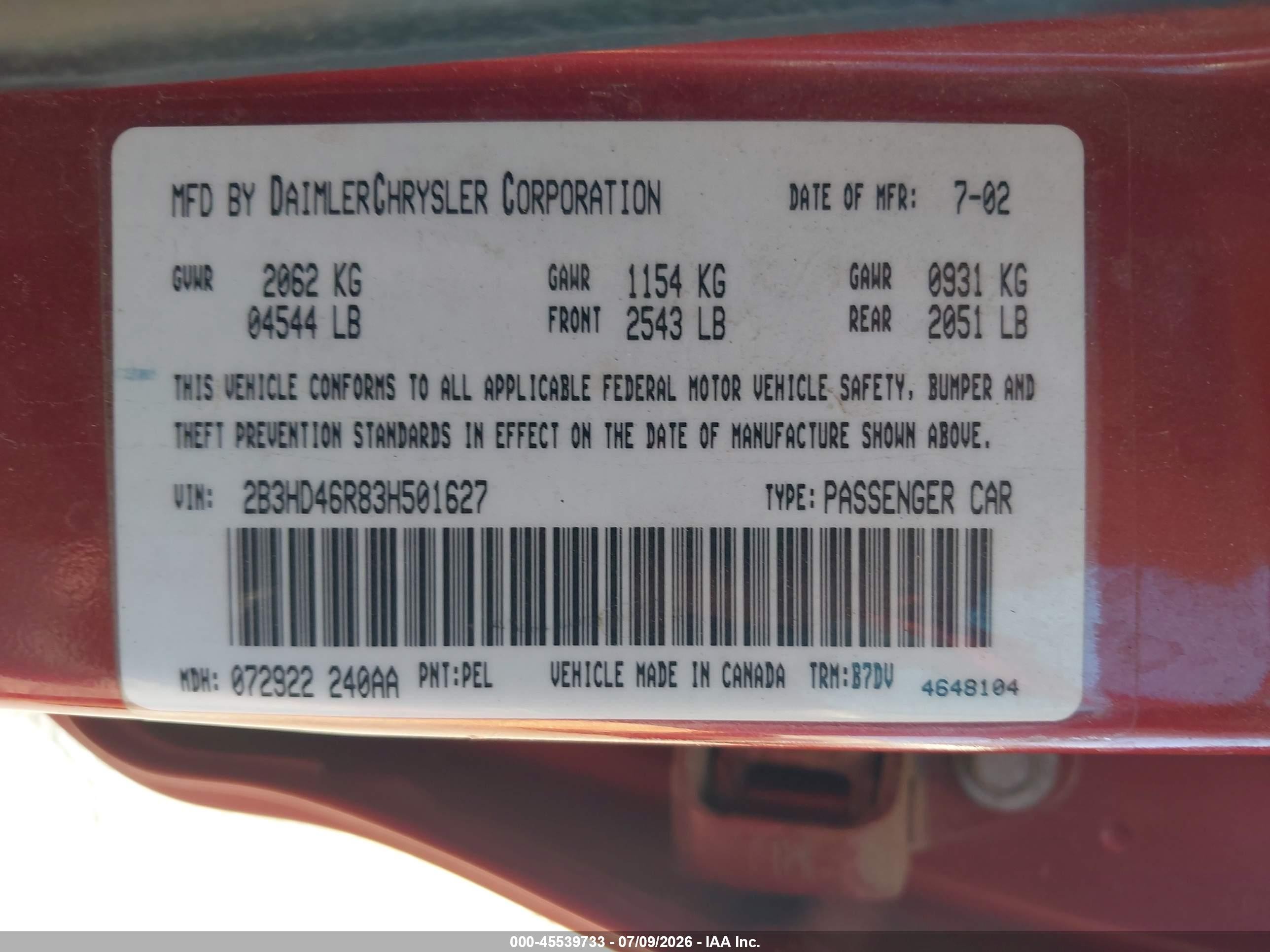2003 Dodge Intrepid Se Red vin: 2B3HD46R83H501627