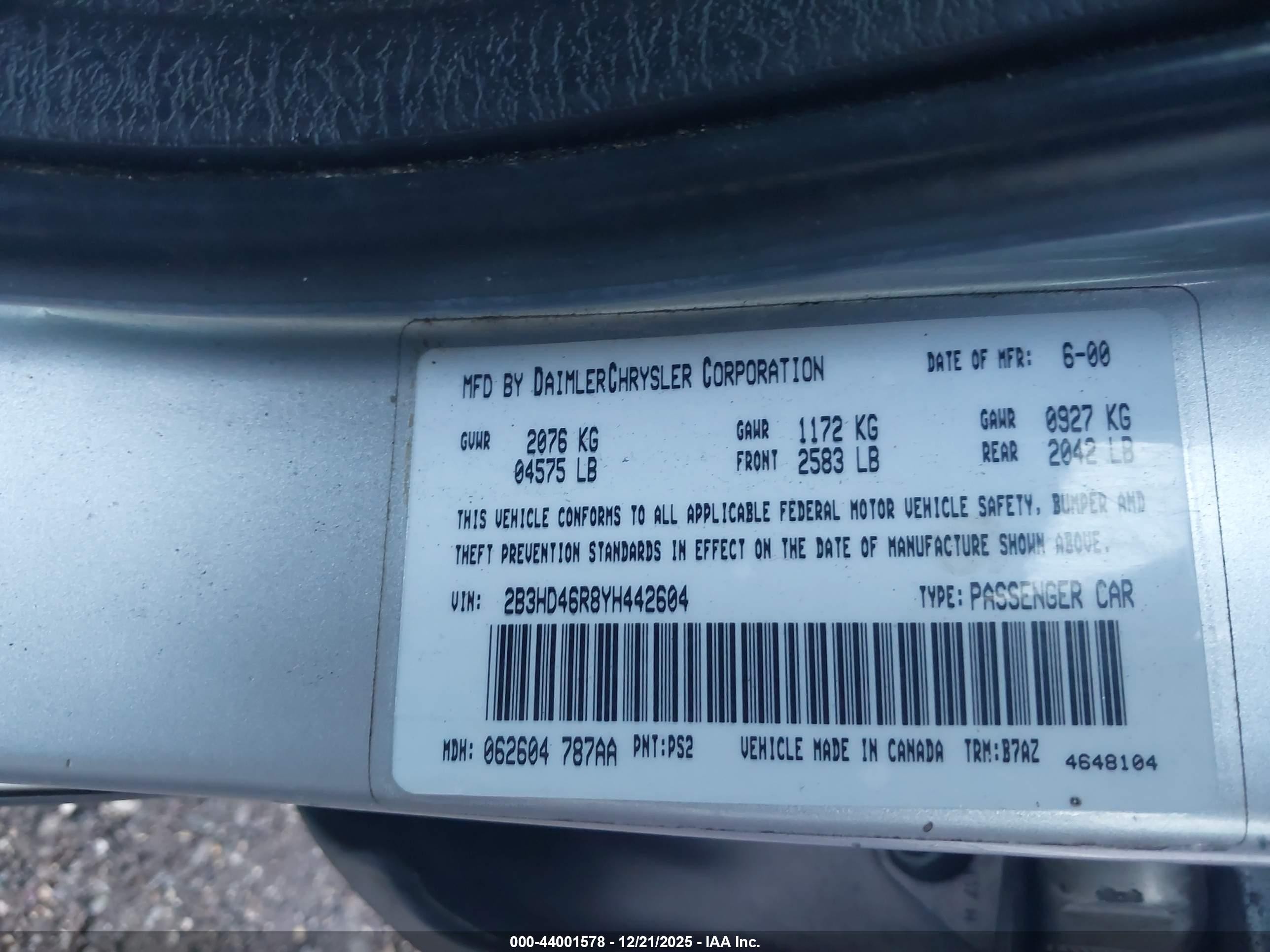 2000 Dodge Intrepid   Silver vin: 2B3HD46R8YH442604