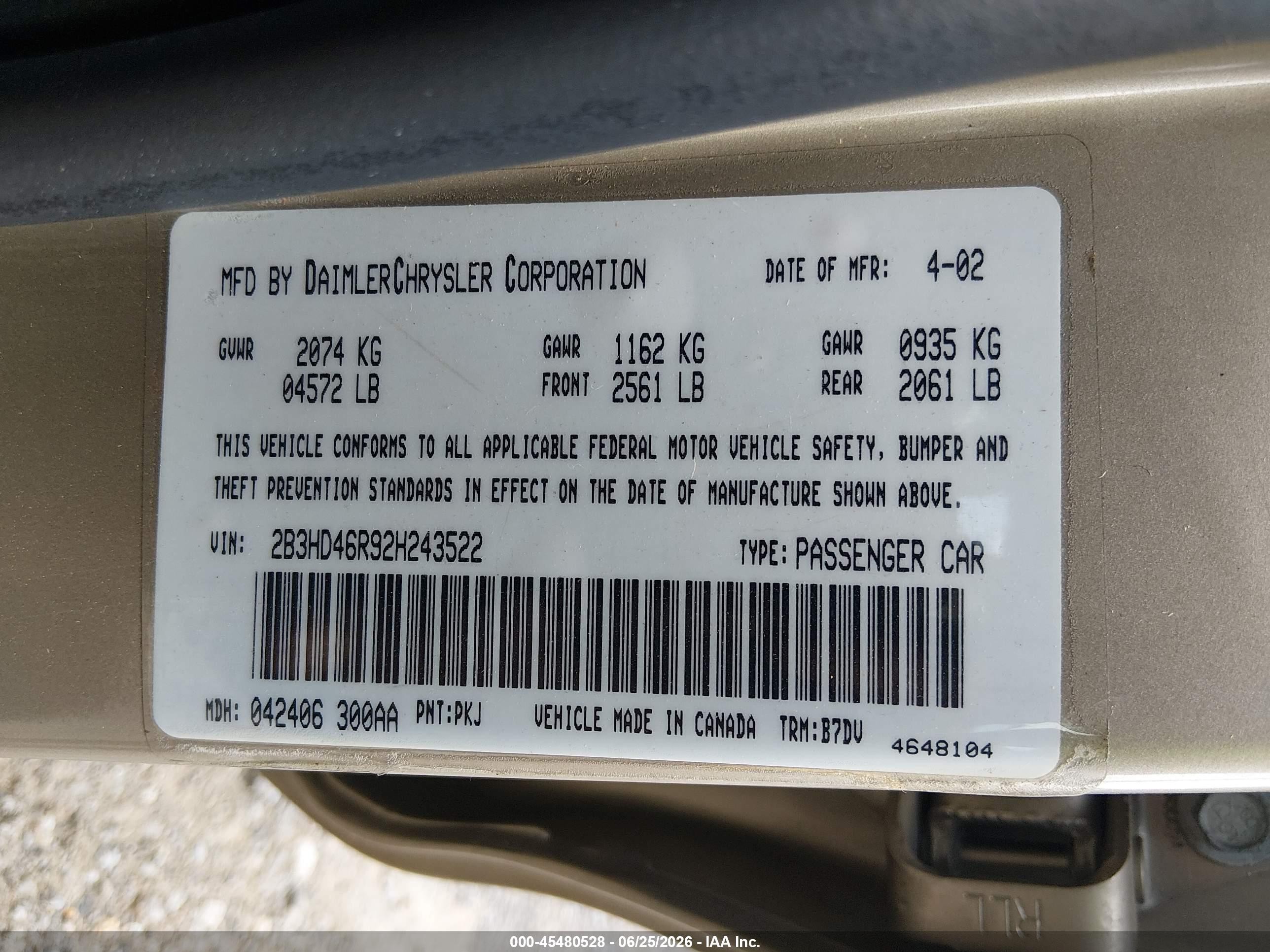 2002 Dodge Intrepid Se Champagne vin: 2B3HD46R92H243522