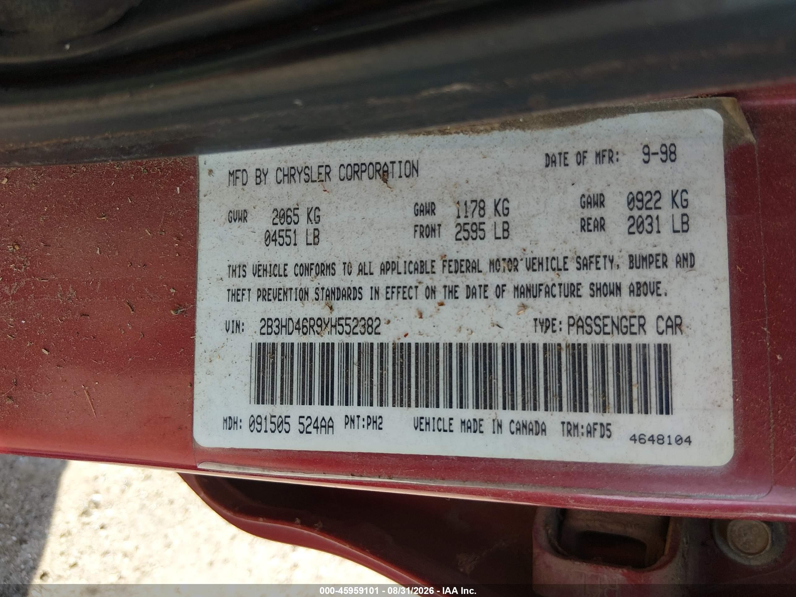 1999 Dodge Intrepid   Красный vin: 2B3HD46R9XH552382