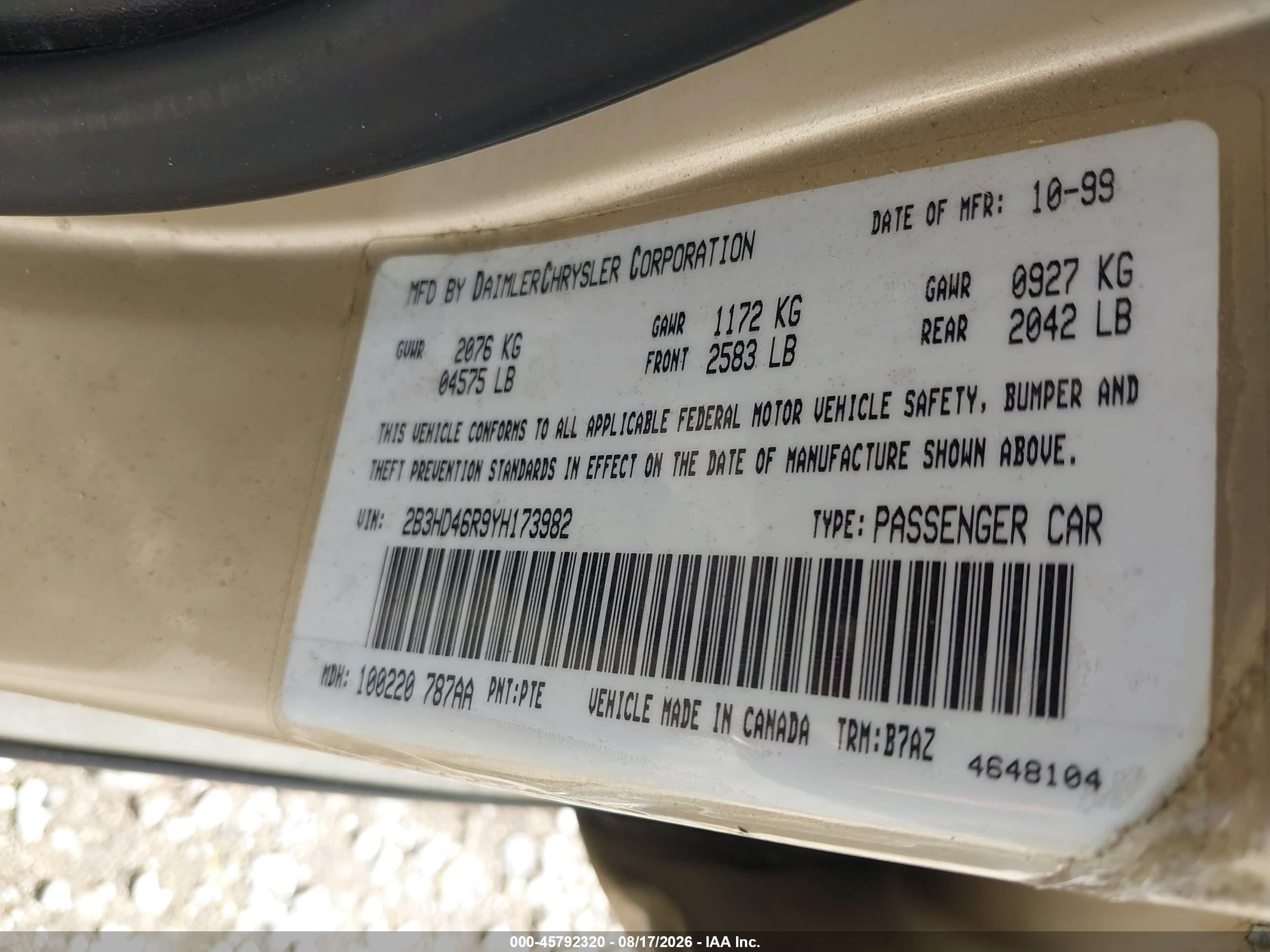 2000 Dodge Intrepid   Gold vin: 2B3HD46R9YH173982