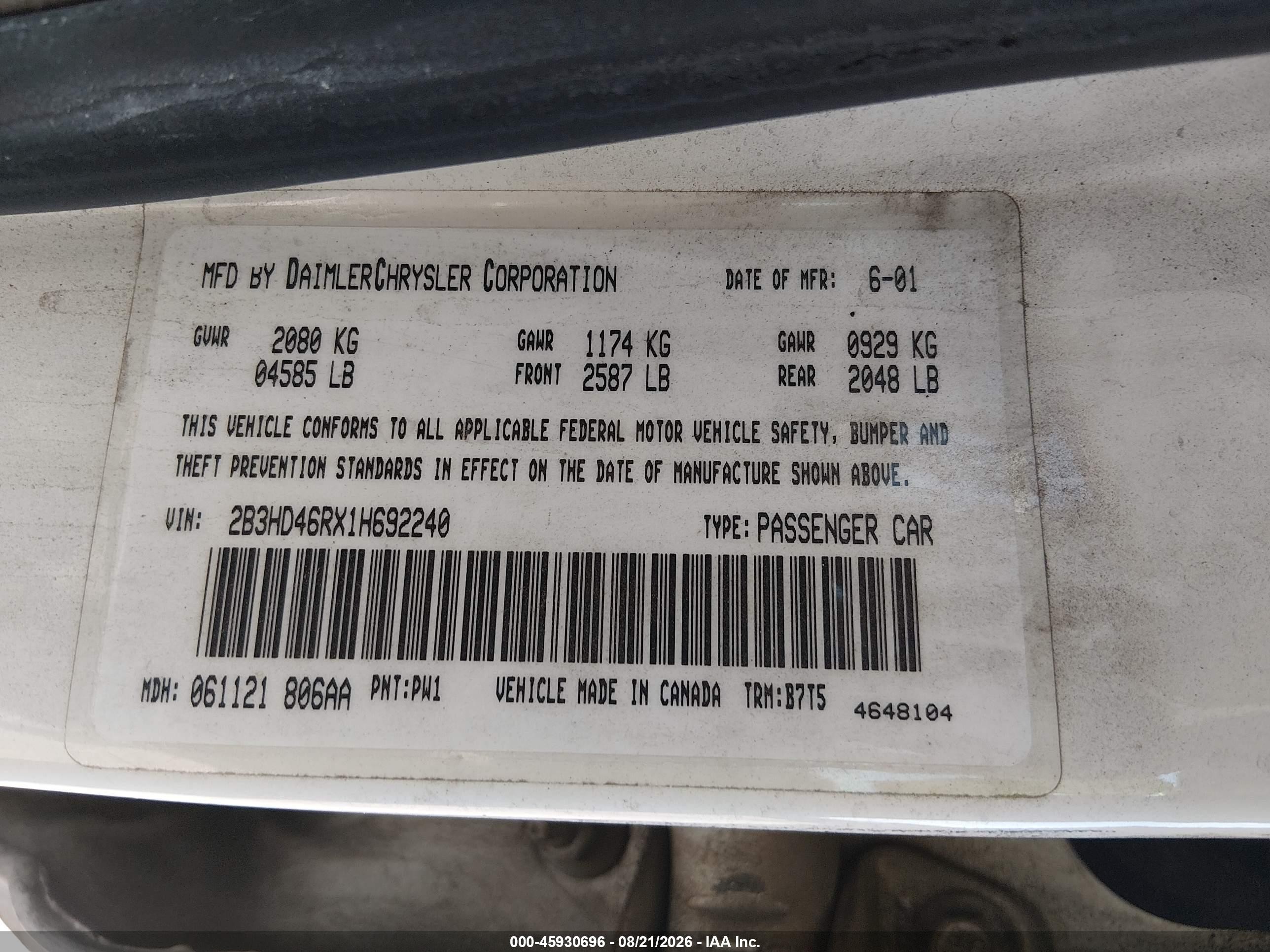 2001 Dodge Intrepid Se Белый vin: 2B3HD46RX1H692240
