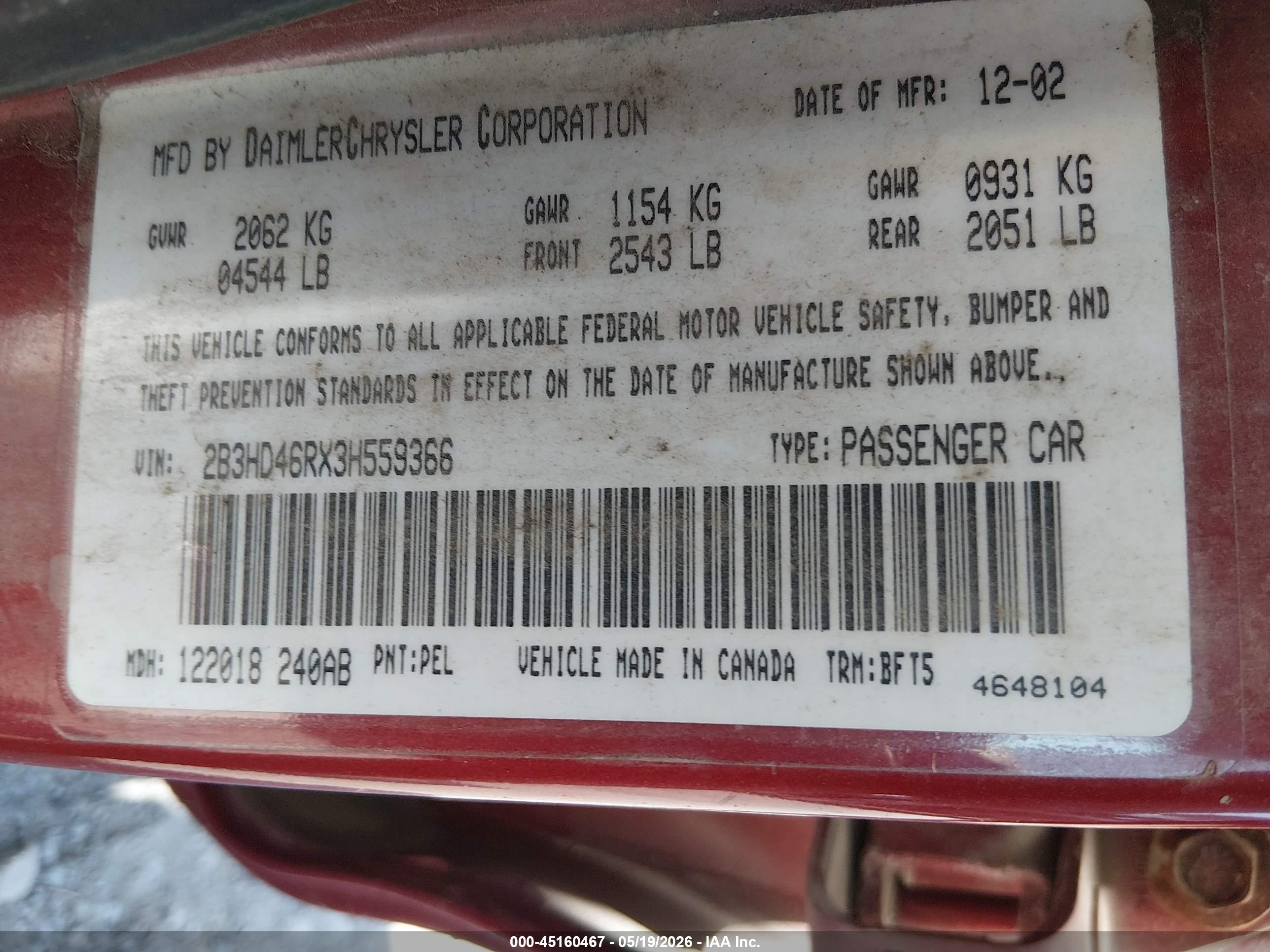 2003 Dodge Intrepid Se Красный vin: 2B3HD46RX3H559366