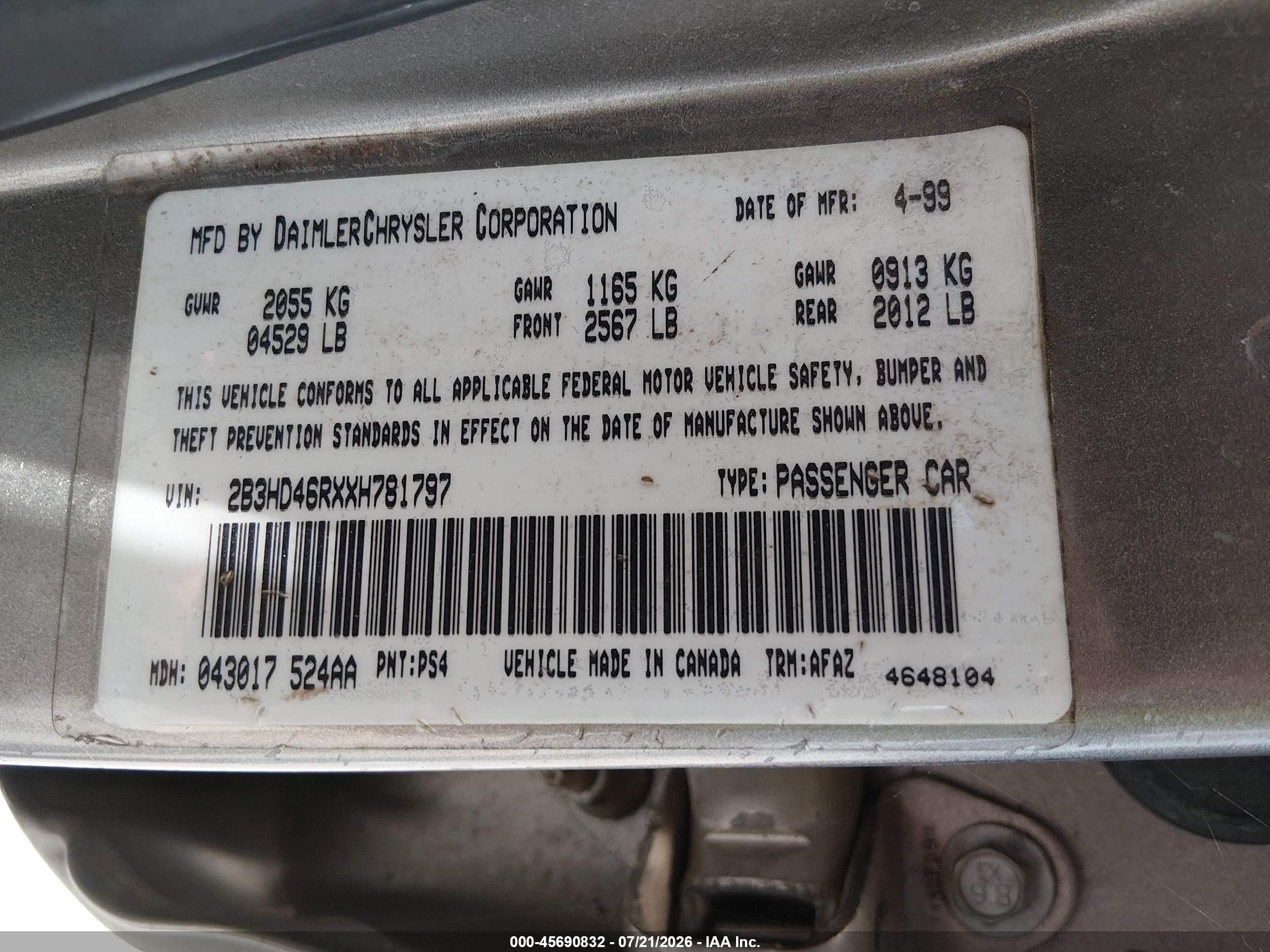 1999 Dodge Intrepid   Gray vin: 2B3HD46RXXH781797