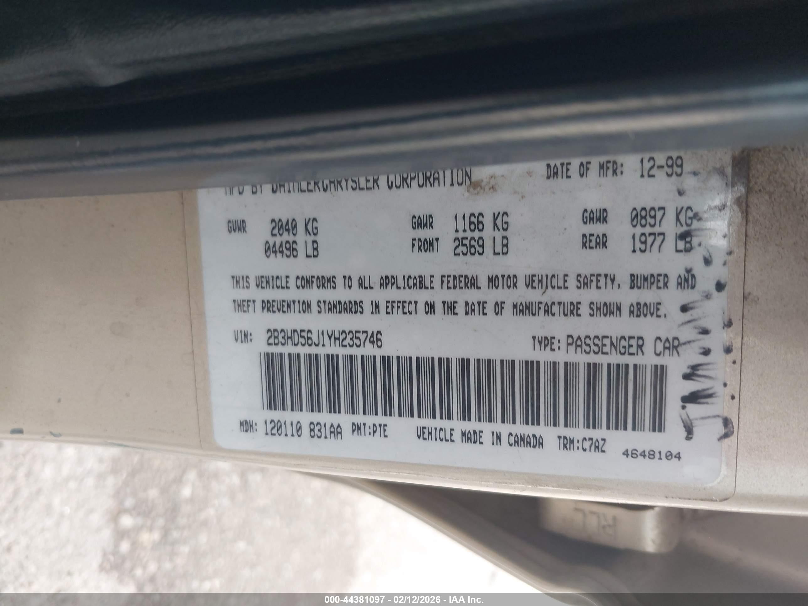 2000 Dodge Intrepid Es Gold vin: 2B3HD56J1YH235746