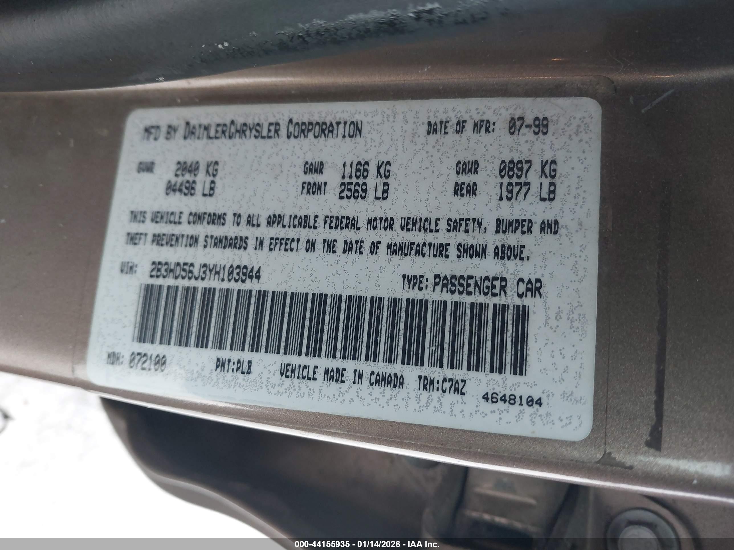 2000 Dodge Intrepid Es Gold vin: 2B3HD56J3YH103944