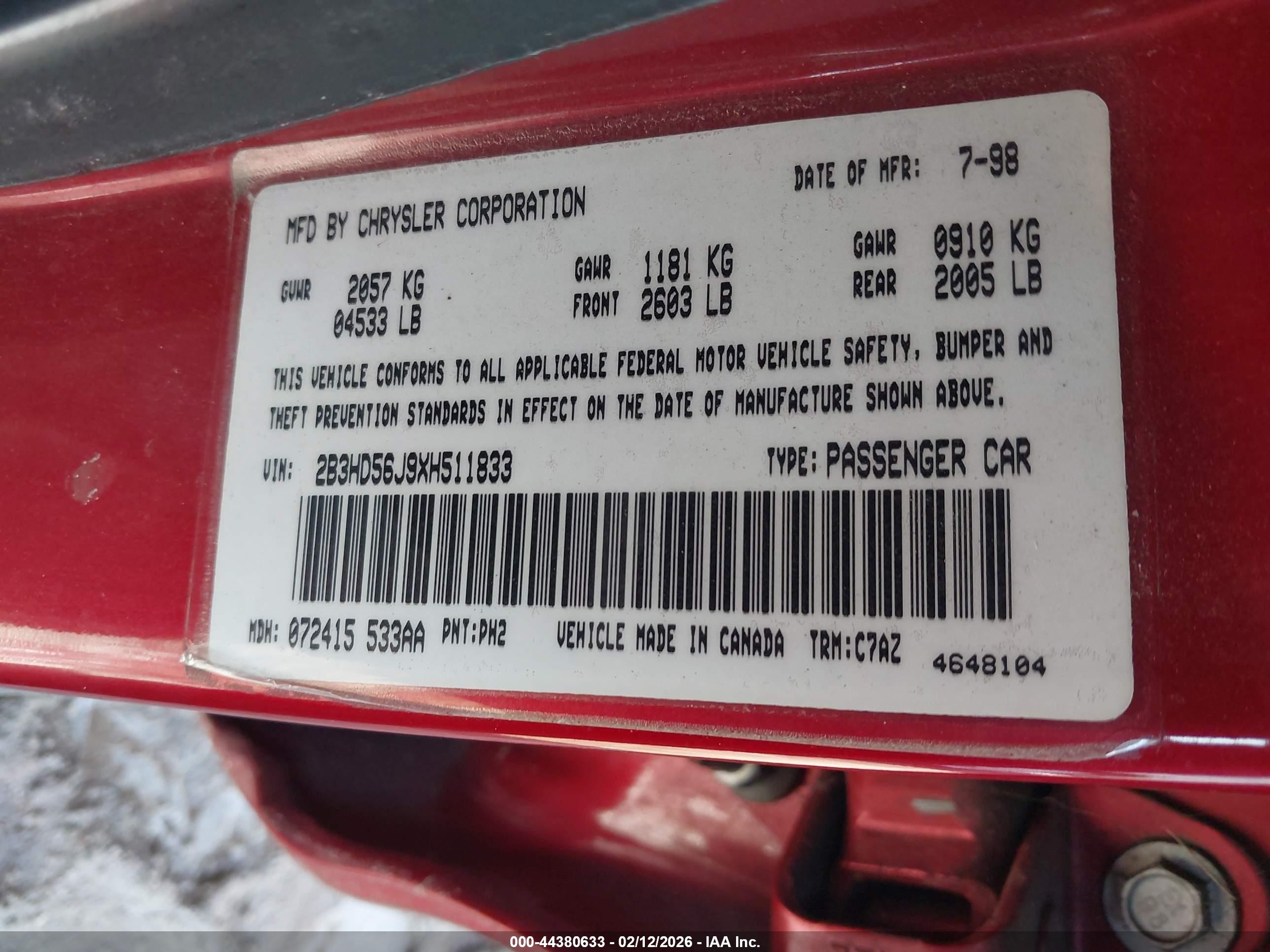 1999 Dodge Intrepid Es Red vin: 2B3HD56J9XH511833
