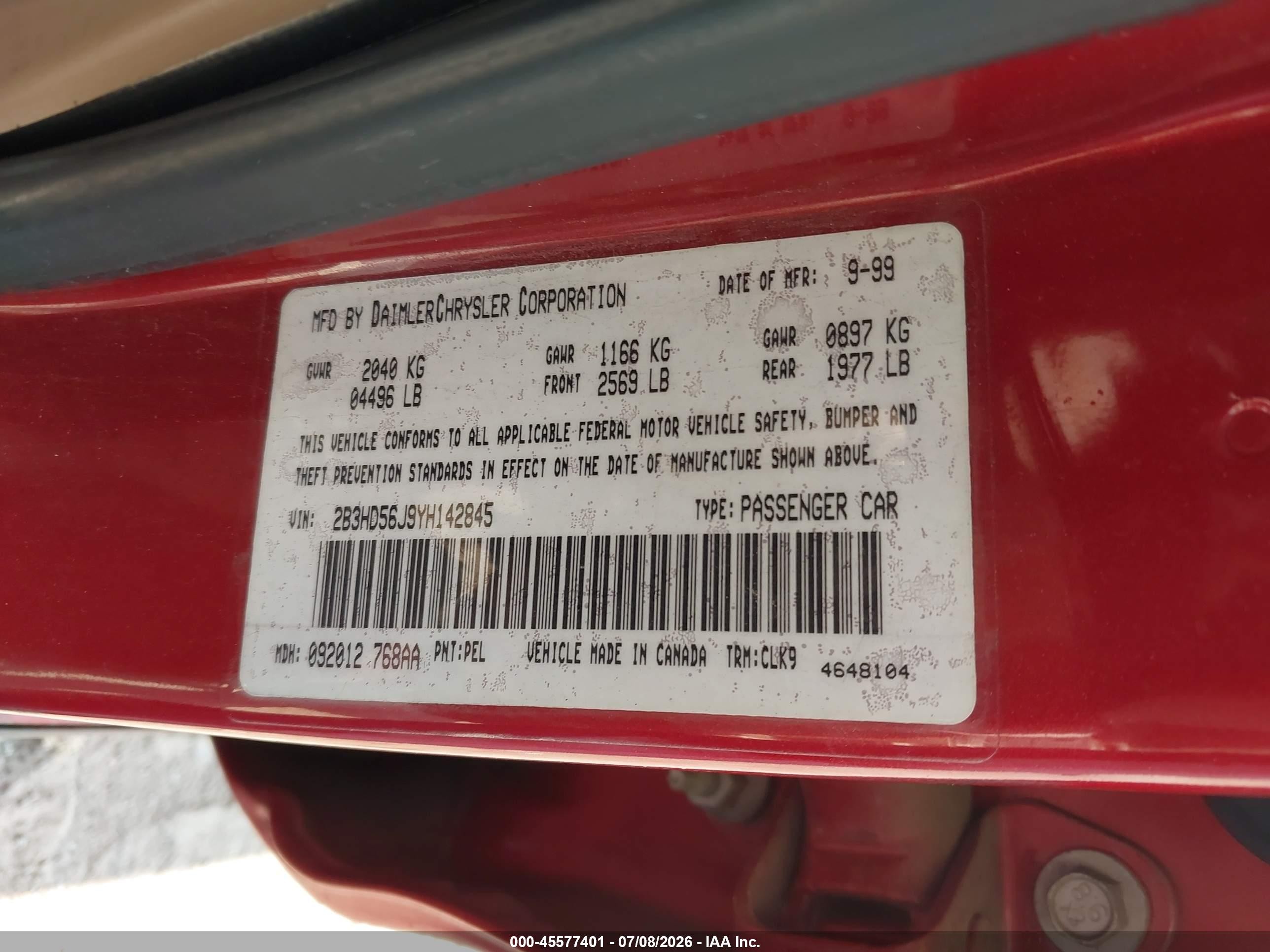 2000 Dodge Intrepid Es Red vin: 2B3HD56J9YH142845