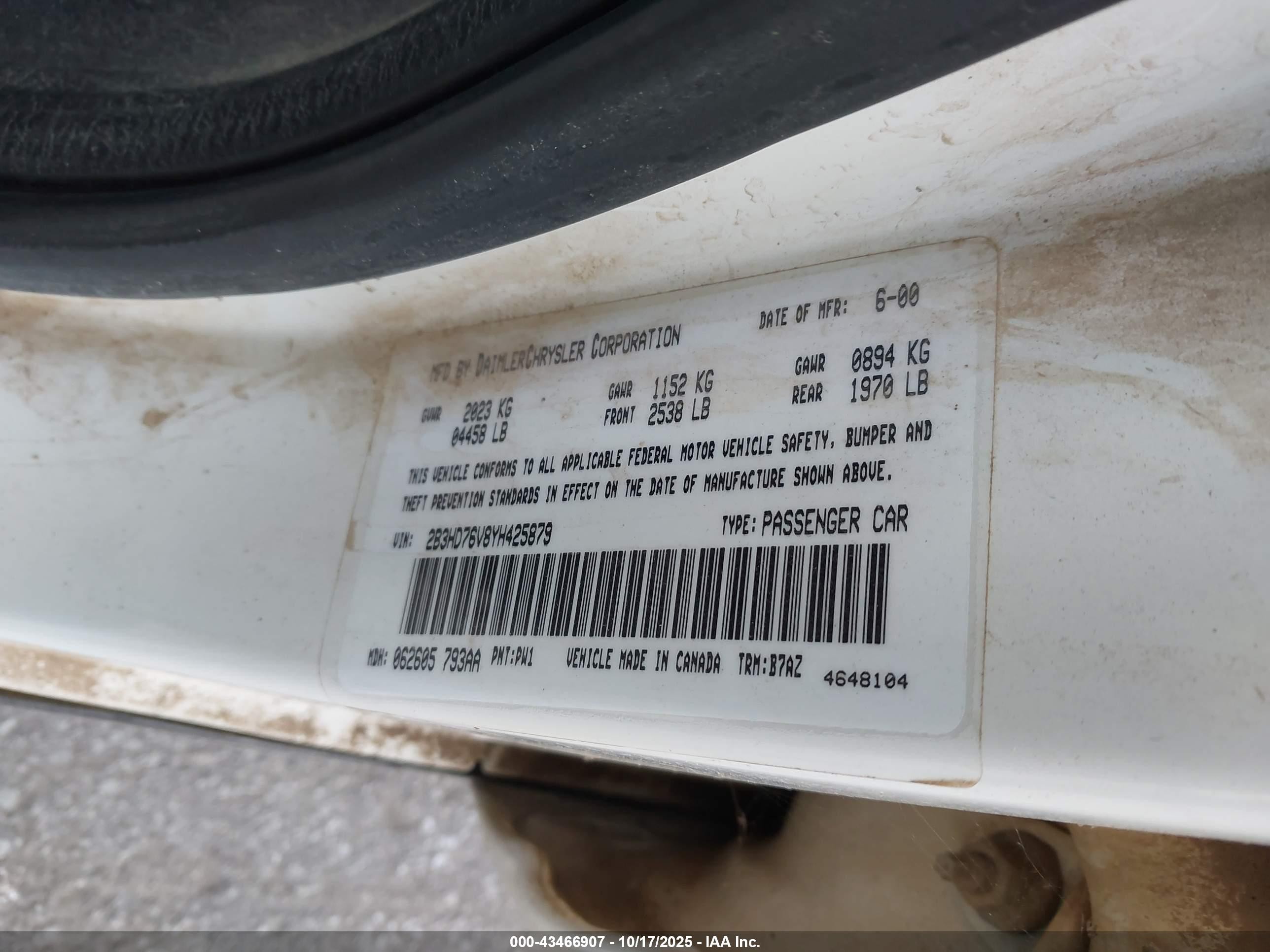 2000 Dodge Intrepid R/t White vin: 2B3HD76V8YH425879