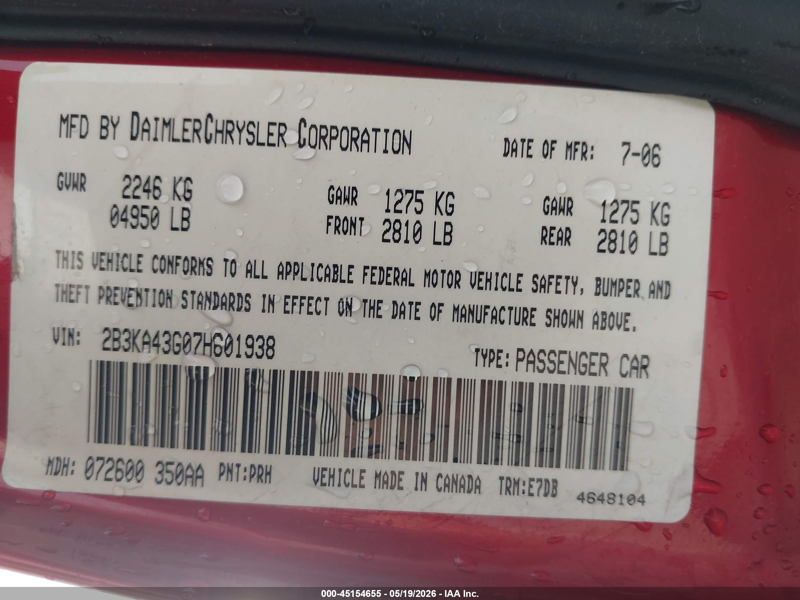 2007 Dodge Charger   Red vin: 2B3KA43G07H601938