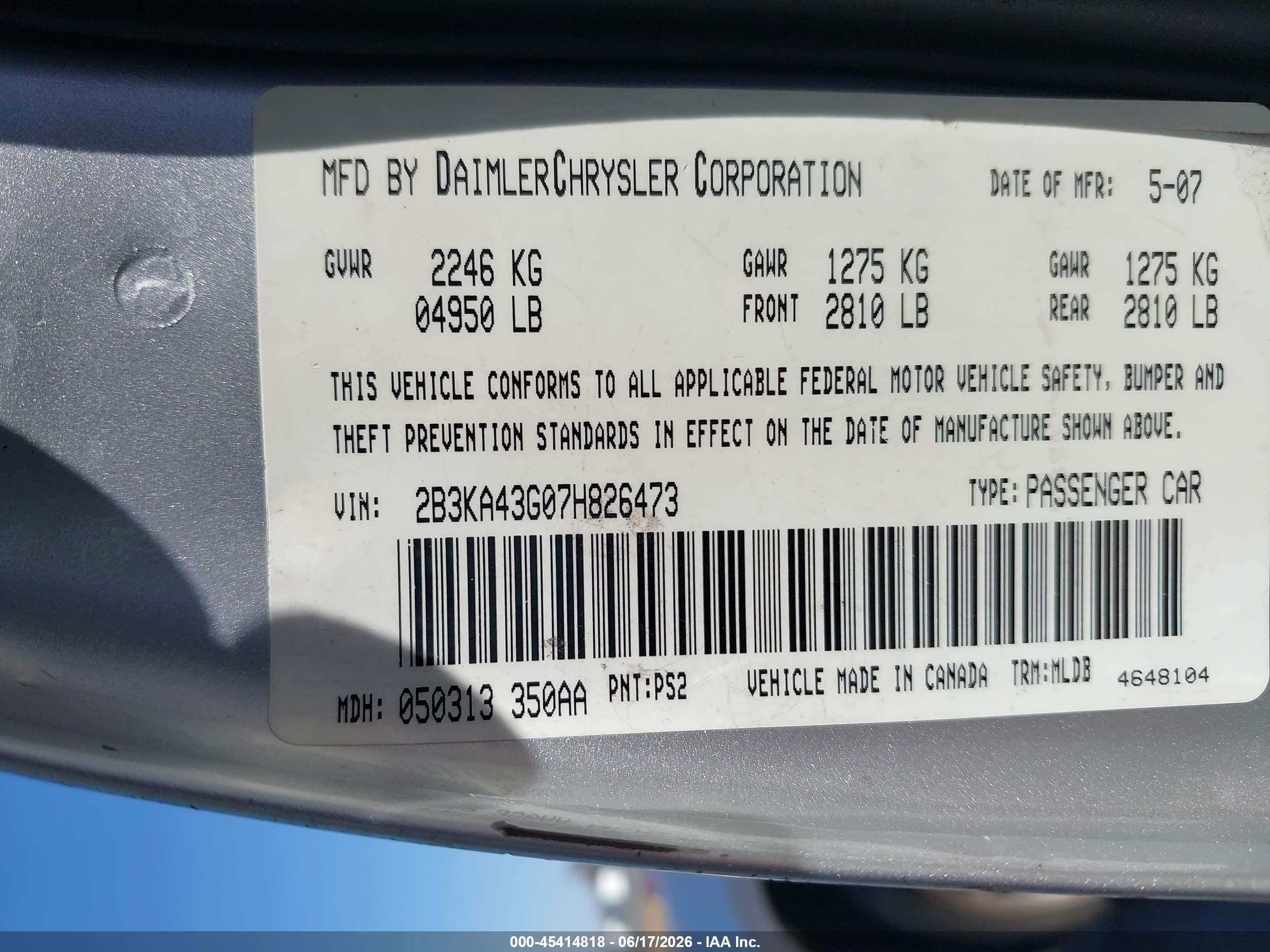2007 Dodge Charger   Silver vin: 2B3KA43G07H826473