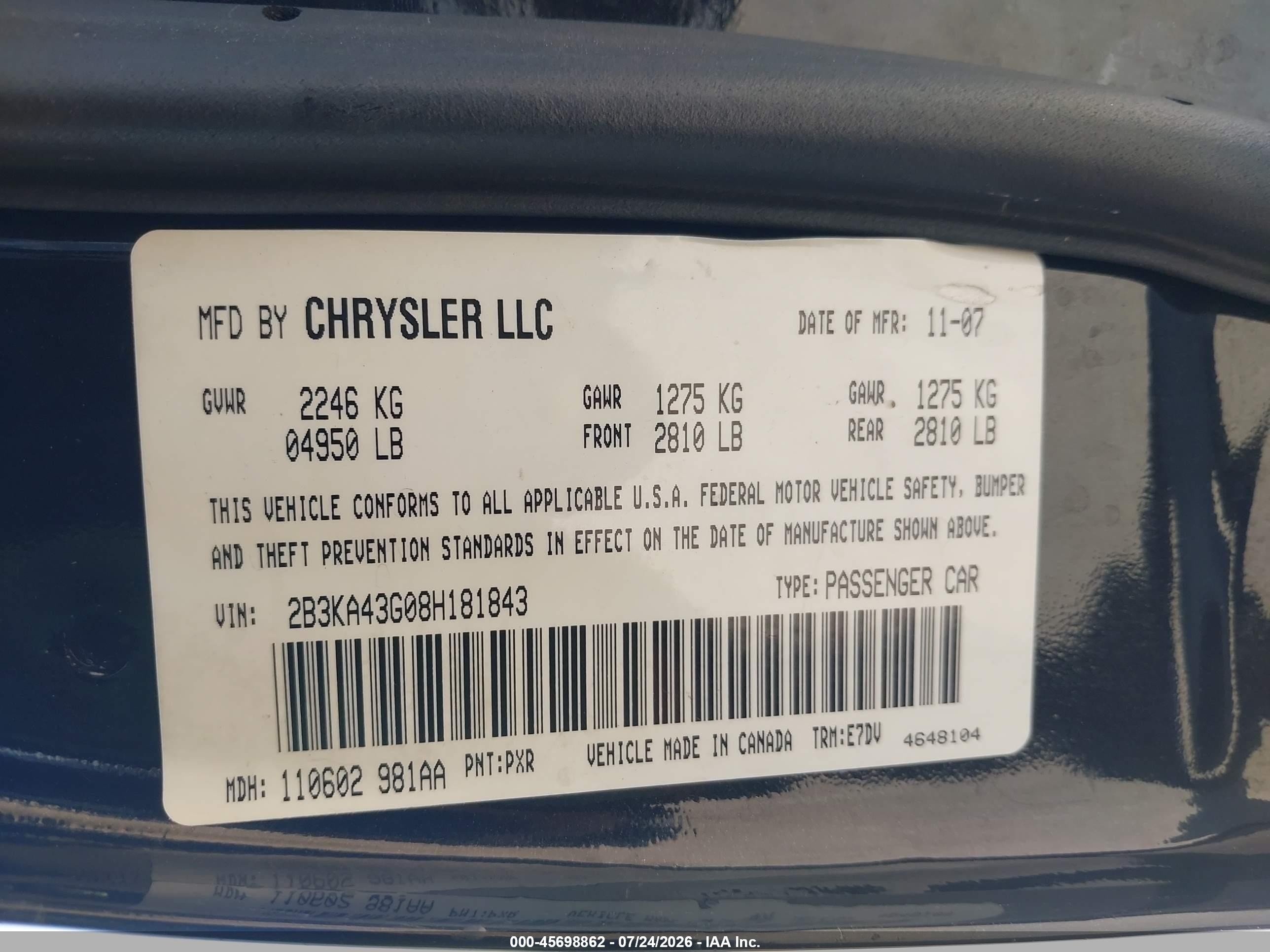 2008 Dodge Charger   Черный vin: 2B3KA43G08H181843
