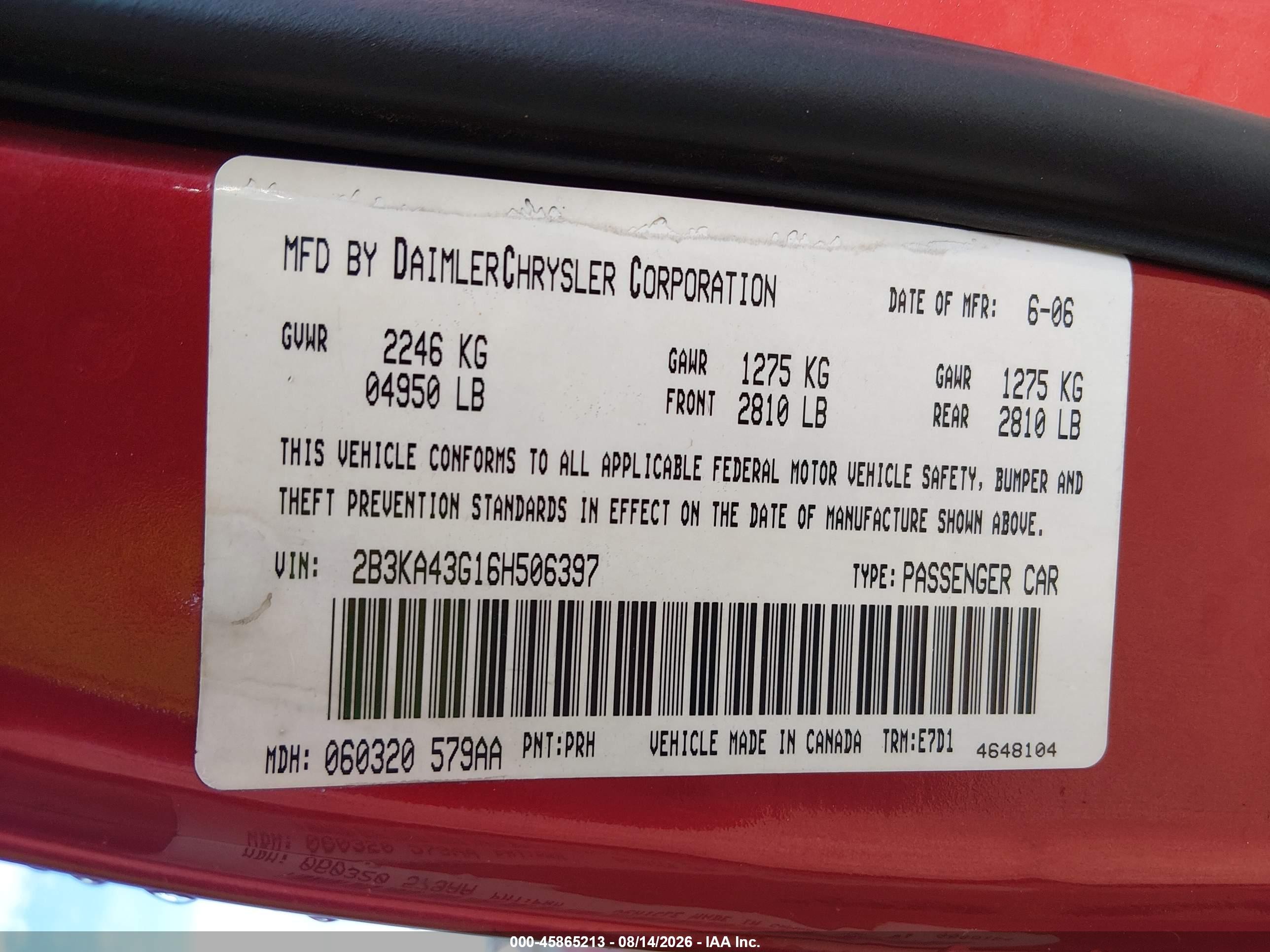 2006 Dodge Charger   Red vin: 2B3KA43G16H506397