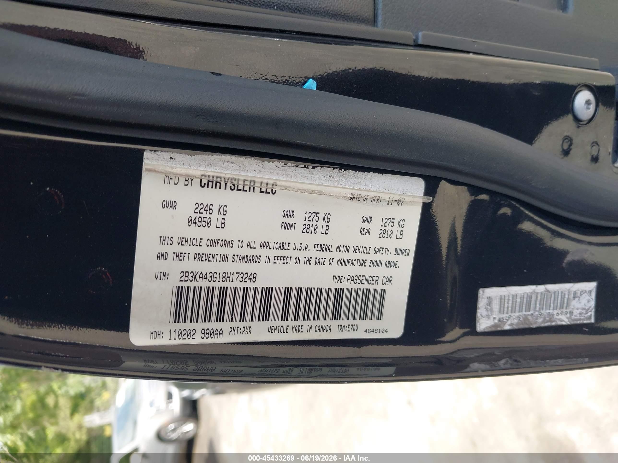 2008 Dodge Charger   Black vin: 2B3KA43G18H173248
