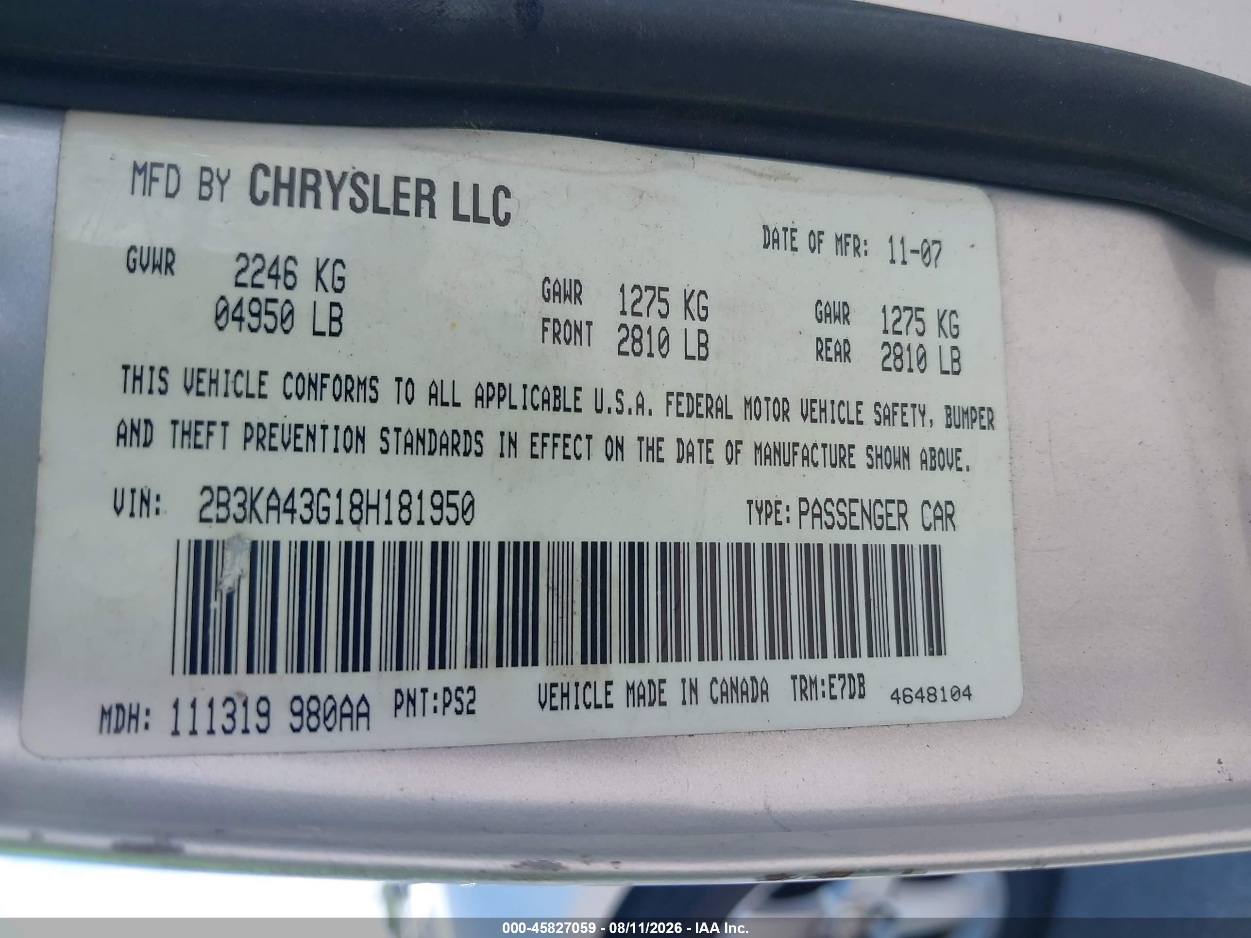 2008 Dodge Charger   Silver vin: 2B3KA43G18H181950