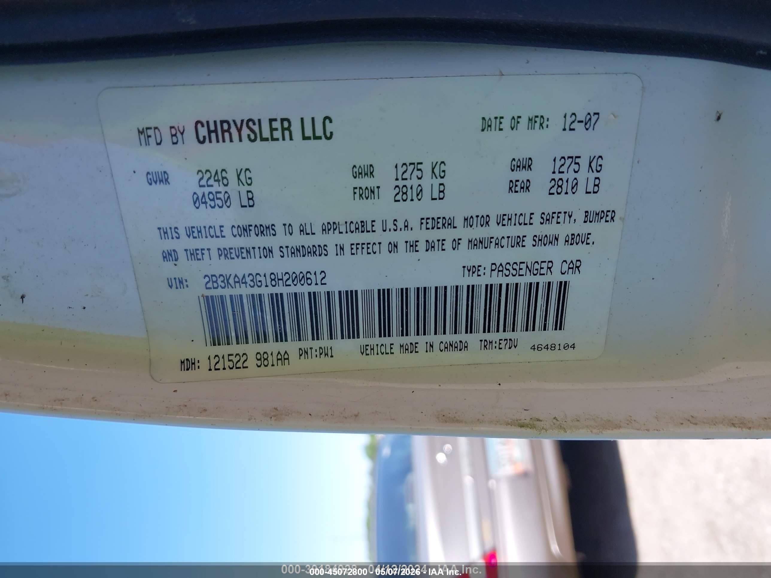 2008 Dodge Charger   White vin: 2B3KA43G18H200612