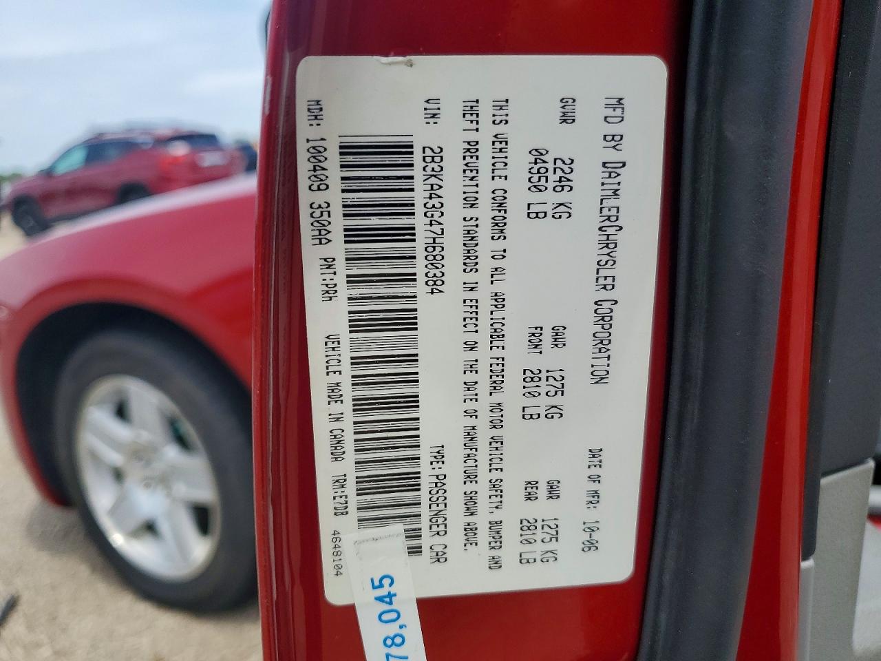 2007 Dodge Charger Se Red vin: 2B3KA43G47H680384
