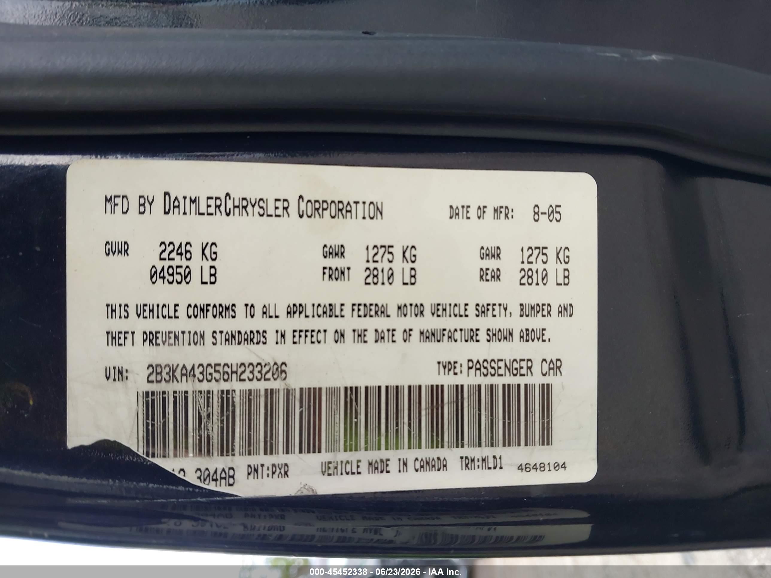 2006 Dodge Charger   Black vin: 2B3KA43G56H233206