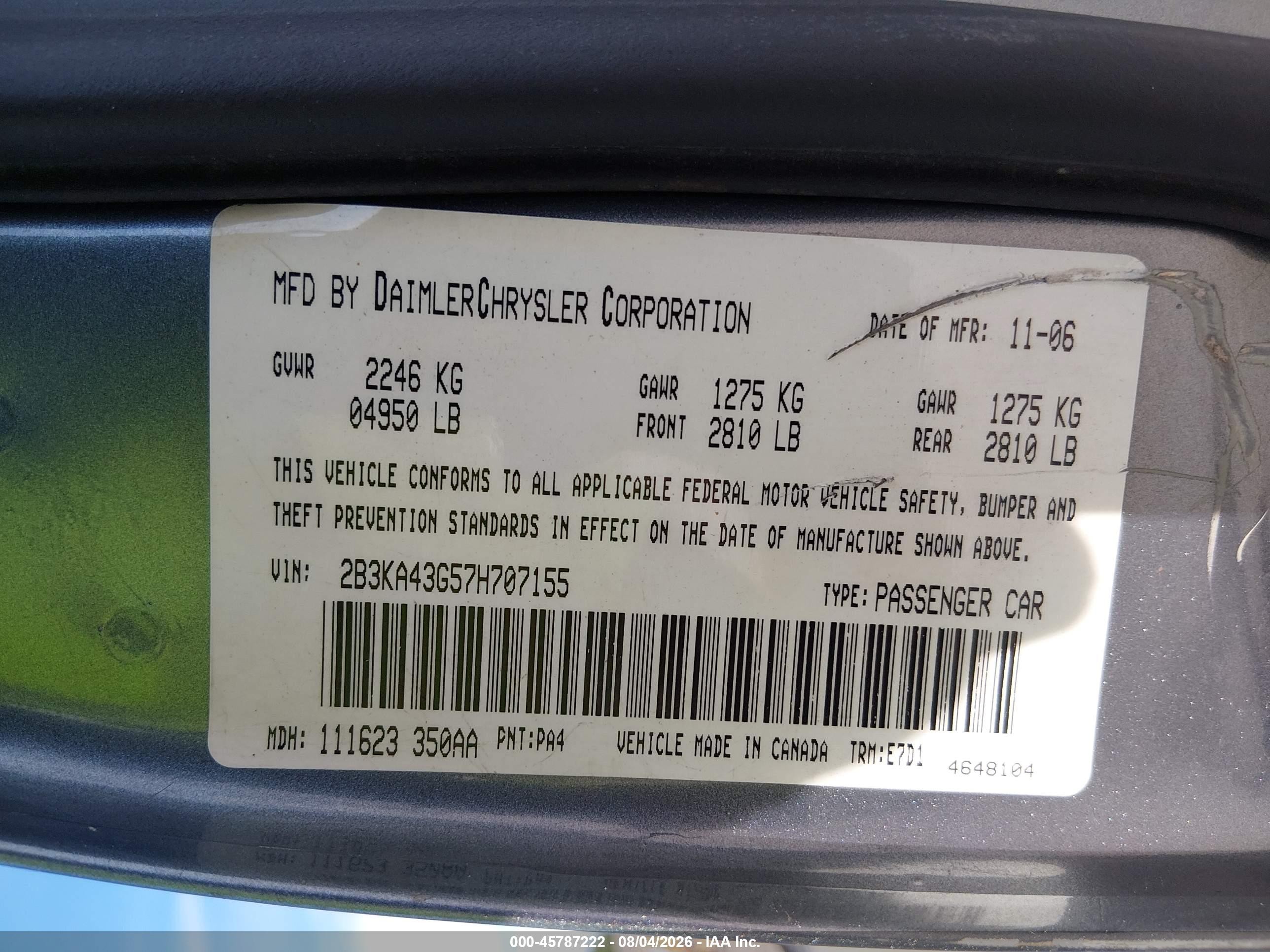 2007 Dodge Charger   Silver vin: 2B3KA43G57H707155
