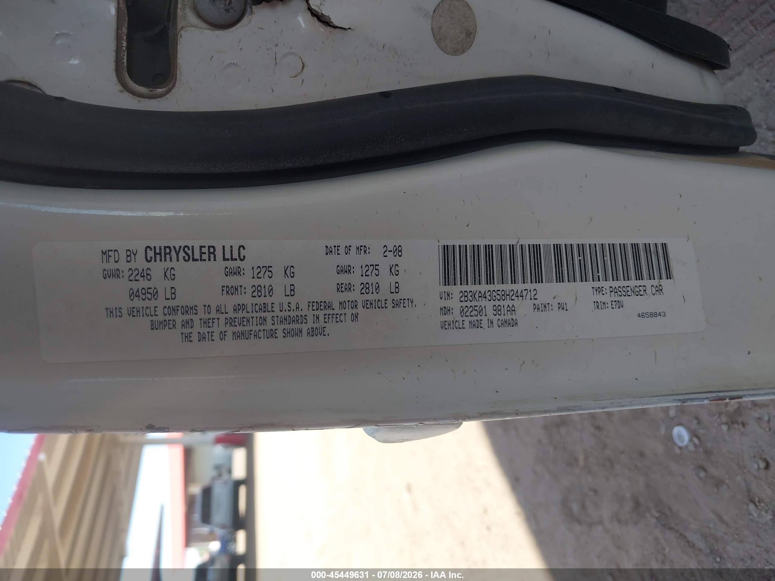 2008 Dodge Charger   White vin: 2B3KA43G58H244712