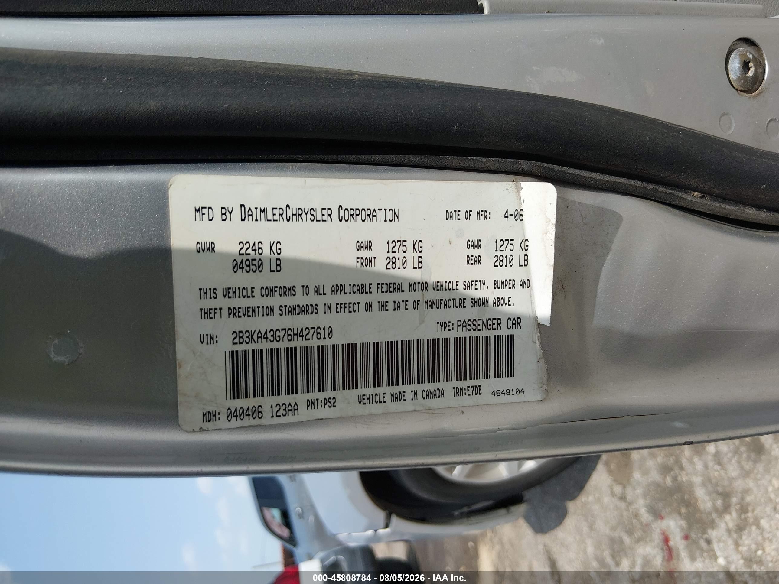 2006 Dodge Charger   Gray vin: 2B3KA43G76H427610