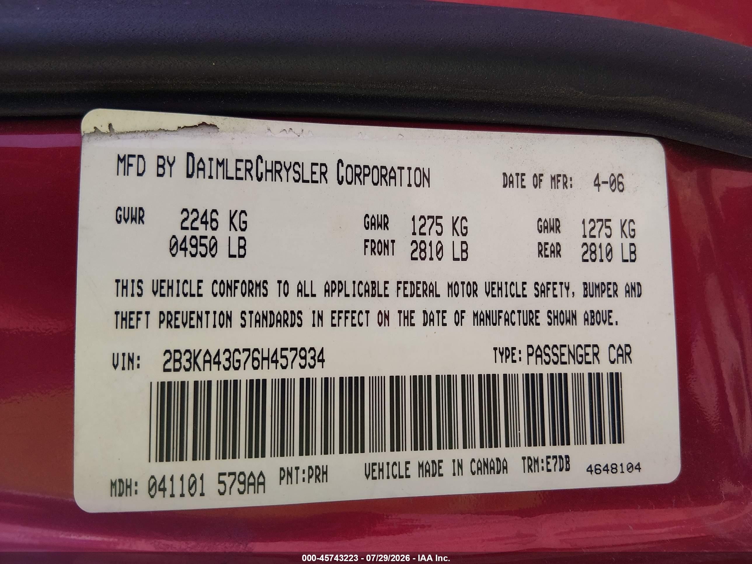 2006 Dodge Charger Red vin: 2B3KA43G76H457934