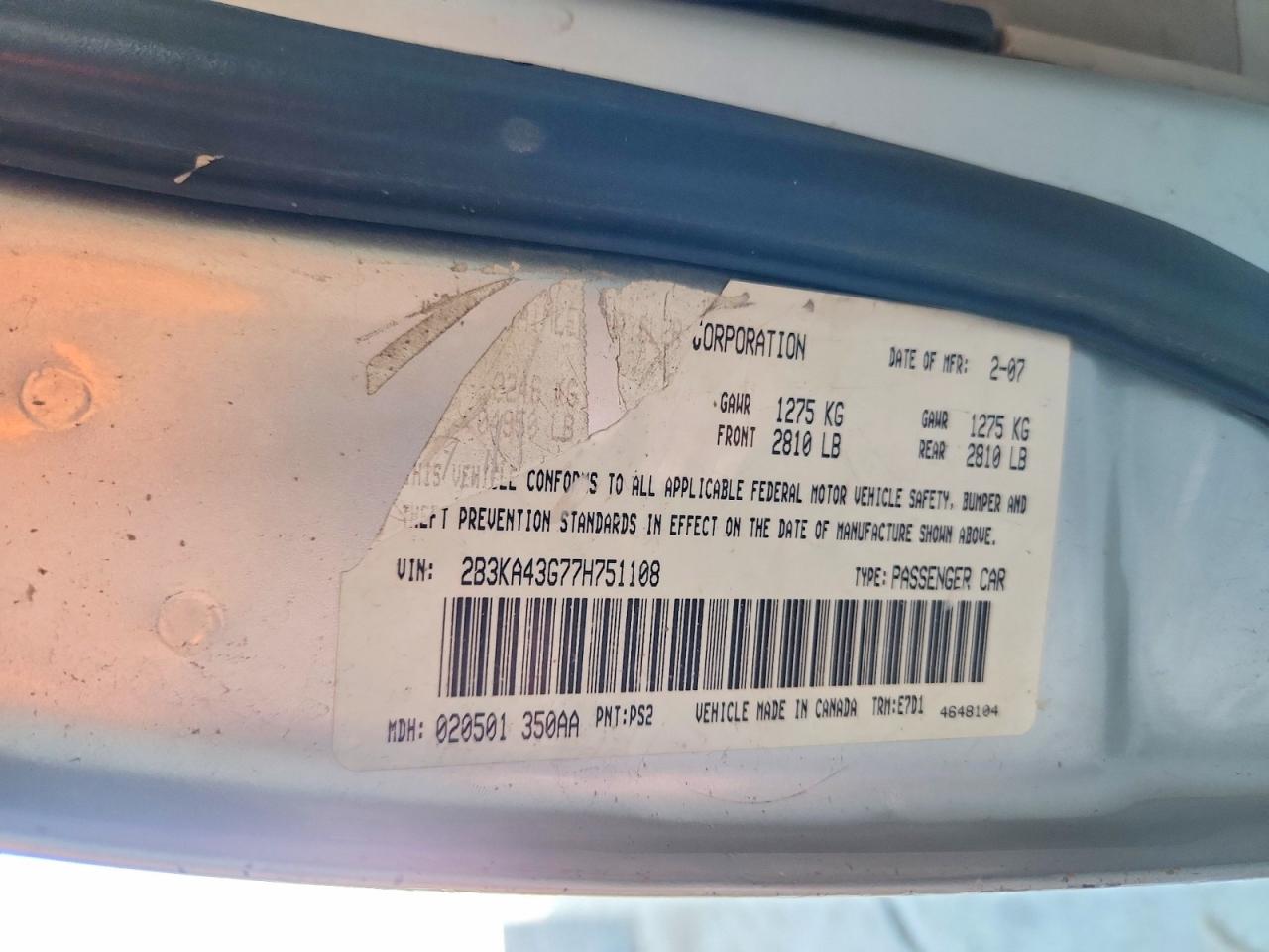 2007 Dodge Charger Se Silver vin: 2B3KA43G77H751108