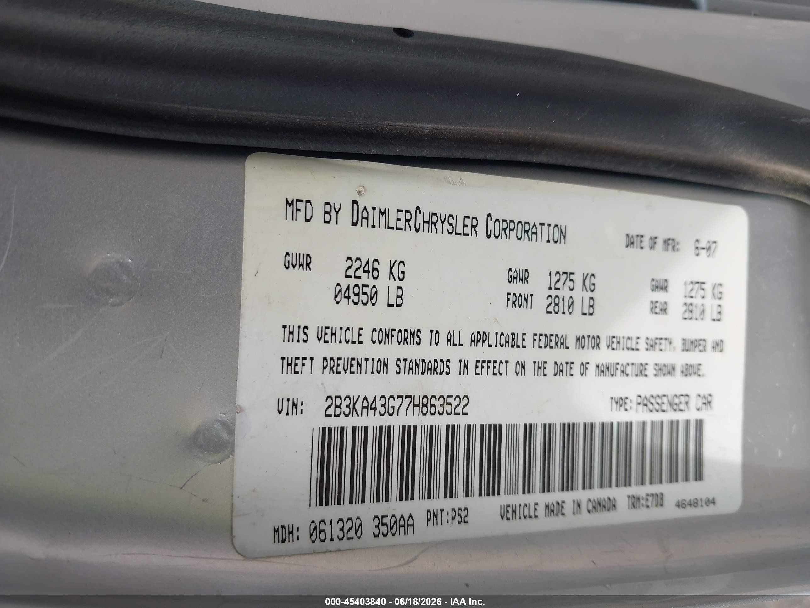 2007 Dodge Charger   Silver vin: 2B3KA43G77H863522