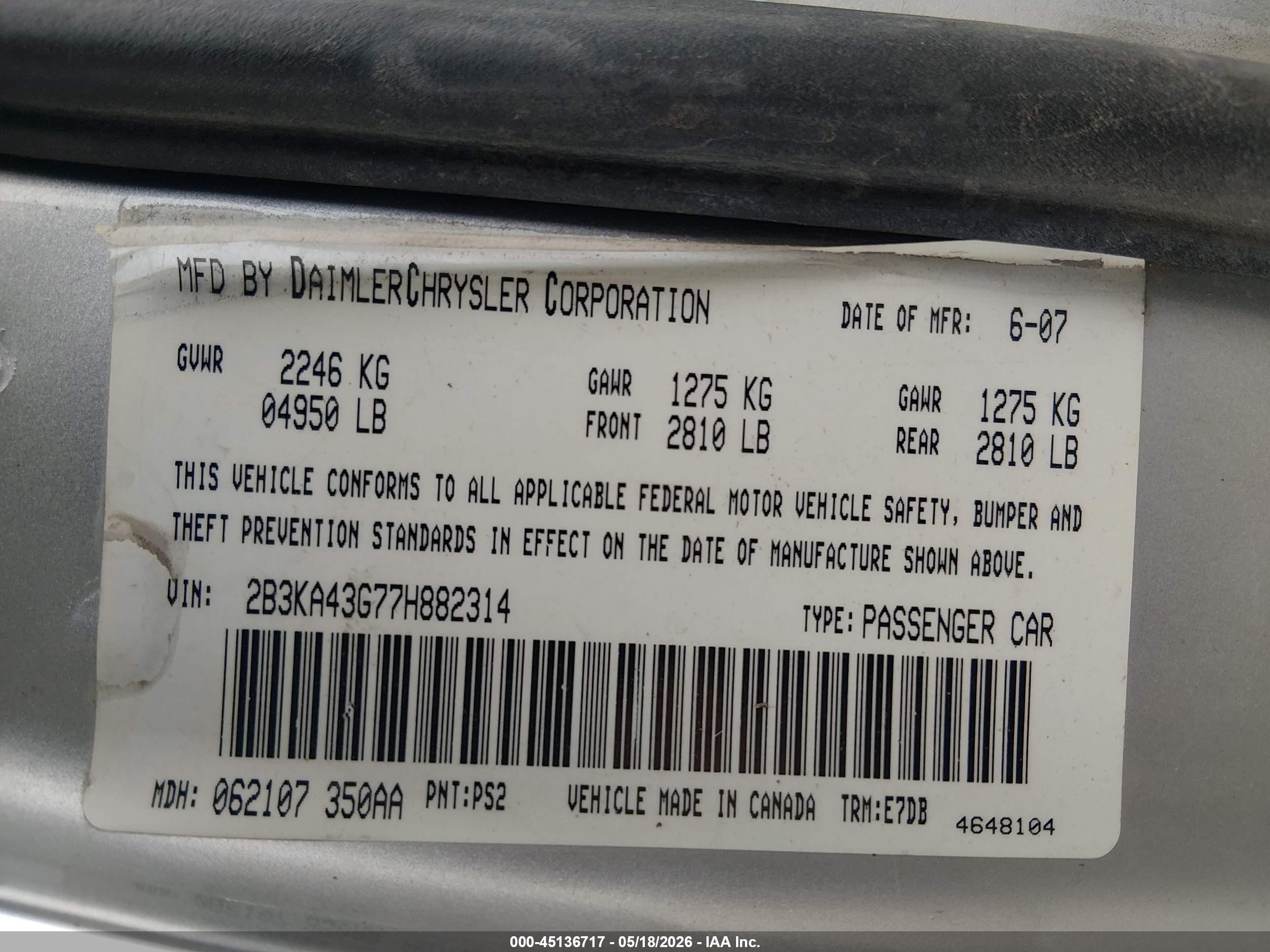 2007 Dodge Charger   Silver vin: 2B3KA43G77H882314