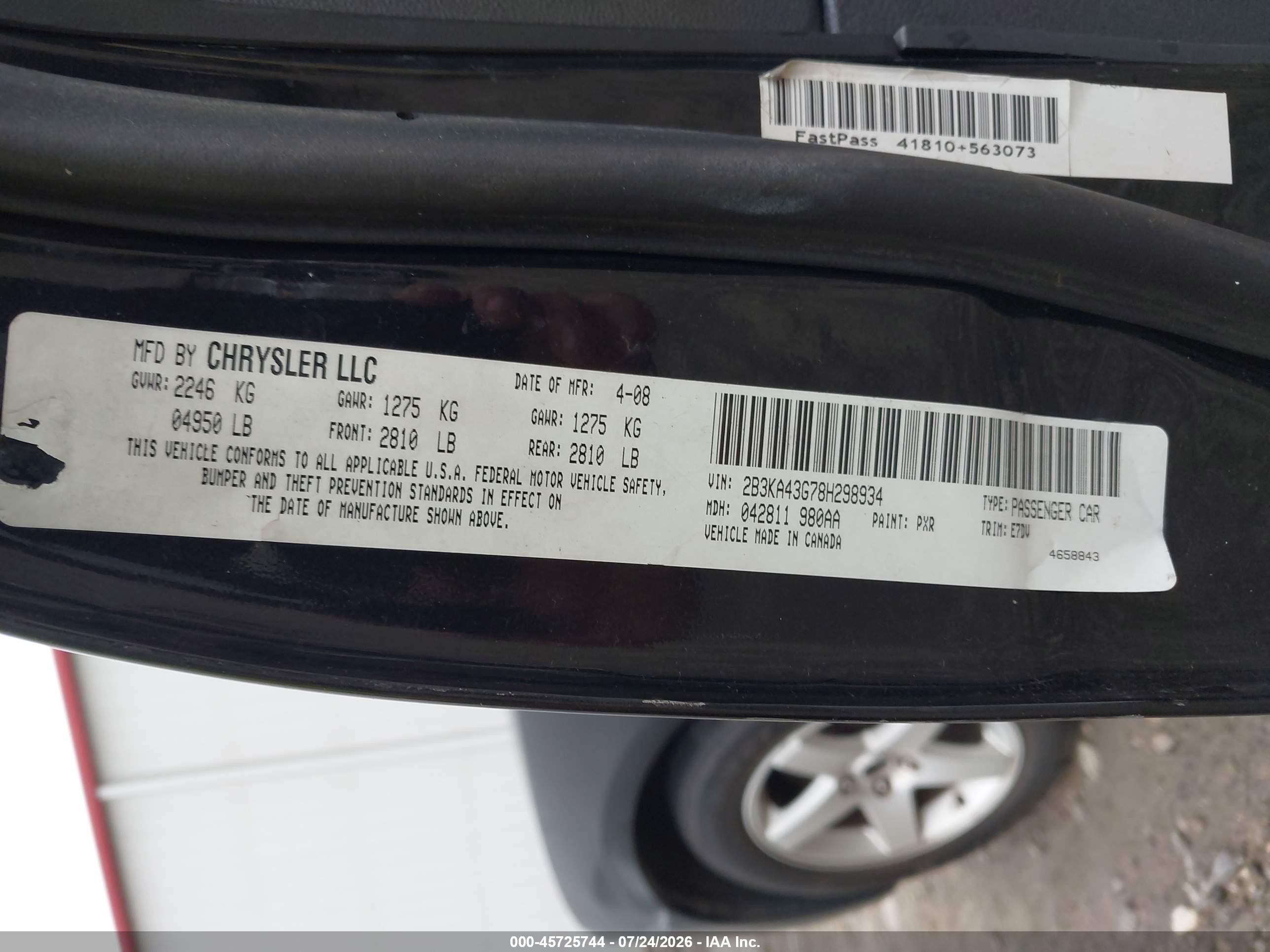 2008 Dodge Charger   Black vin: 2B3KA43G78H298934